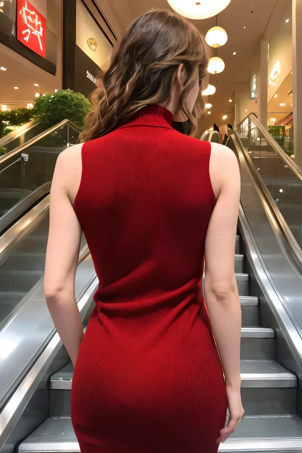 (highest quality、table top、8k、best image quality、Award-winning work)、one beautiful woman、(alone:1.1)、perfect beautiful composition、(perfect fit:1.1)、emphasize body line、(Very long wavy hair:1.1)、(Perfect and precise red sleeveless turtleneck knit sweater dress:1.3)、(Perfect red long sweater dress:1.3)、Photo above the legs、Take a close-up photo of a woman、stand upright、Super high definition beautiful hair、Ultra-high resolution glossy skin、accurate anatomy、(very bright and vivid:1.1)、very strong exposure、very strong highlights、very bright、full back photo of womanを近くから撮影する、女性の完全なback viewを近くから撮影する、very big hips、big beautiful hips、(The most accurate and practical real climbing escalator:1.2)、(Depicts a real steep climbing escalator in the finest detail:1.2)、(Describe a perfect steep climbing escalator with great attention to detail:1.2)、(The perfect and most natural steep escalator:1.2)、ショッピングモール内の正確な登りエスカレーターに背面でstand upright、(The most natural and classy interior of a shopping mall:1.3)、bright lights in shopping mall、(full back photo of woman:1.3)、back view