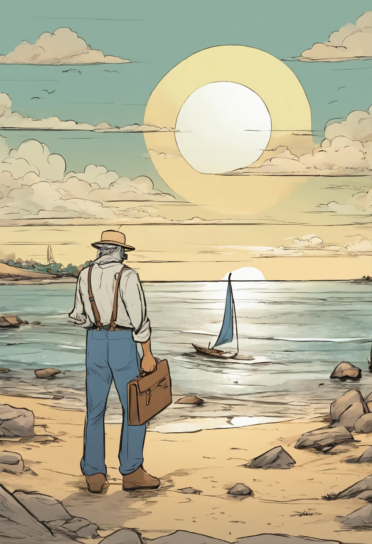 White man with thin physique, com cabelos negros "Lambidos" backward, com uma barba raspada, usando oculos de grau. wearing a dress shirt with suspenders, also with a pair of pants and shoes. And carrying a briefcase in his hand. A calm beach with white sand stretching widely. An old fisherman is repairing his nets on the shore.