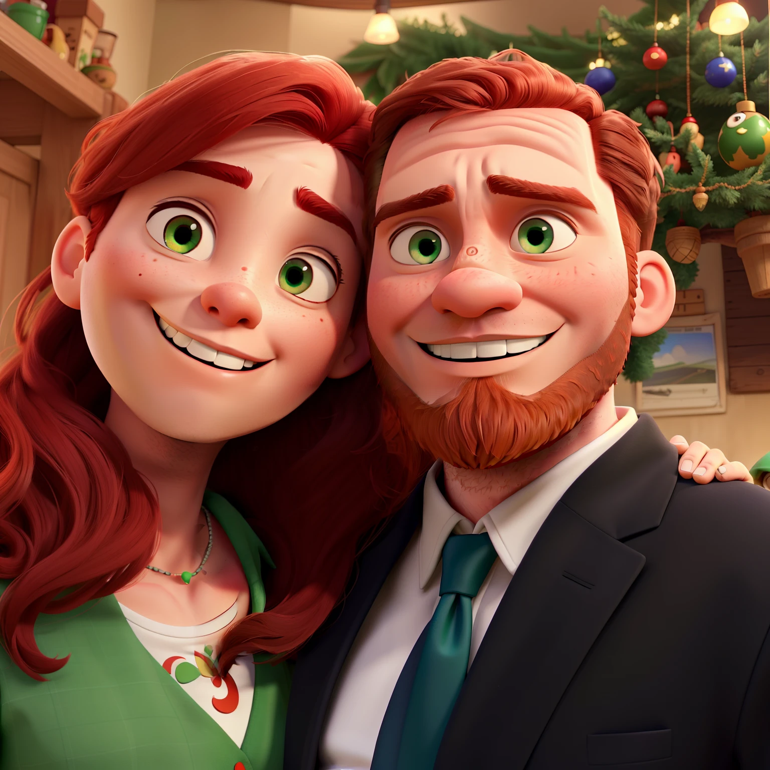 A white man couple with red beard and green man's eye disney pixar style, high quality, best quality