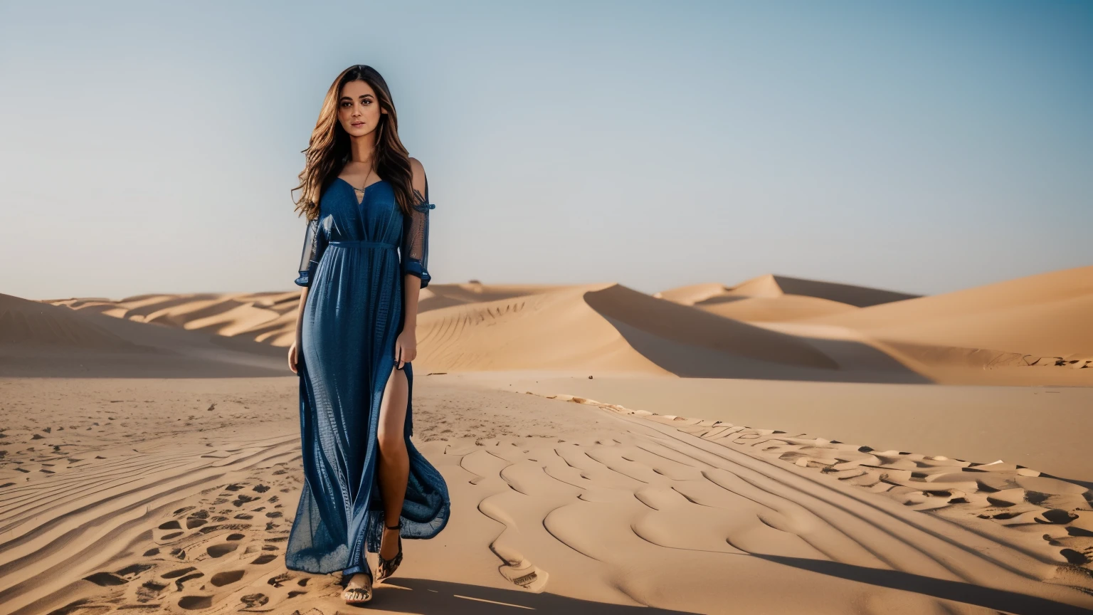 a beautiful woman, brunette, detailed face, famous model, full body visible, with long loose dress, standing, in dubai, cinematic, hyperrealistic, 8k
