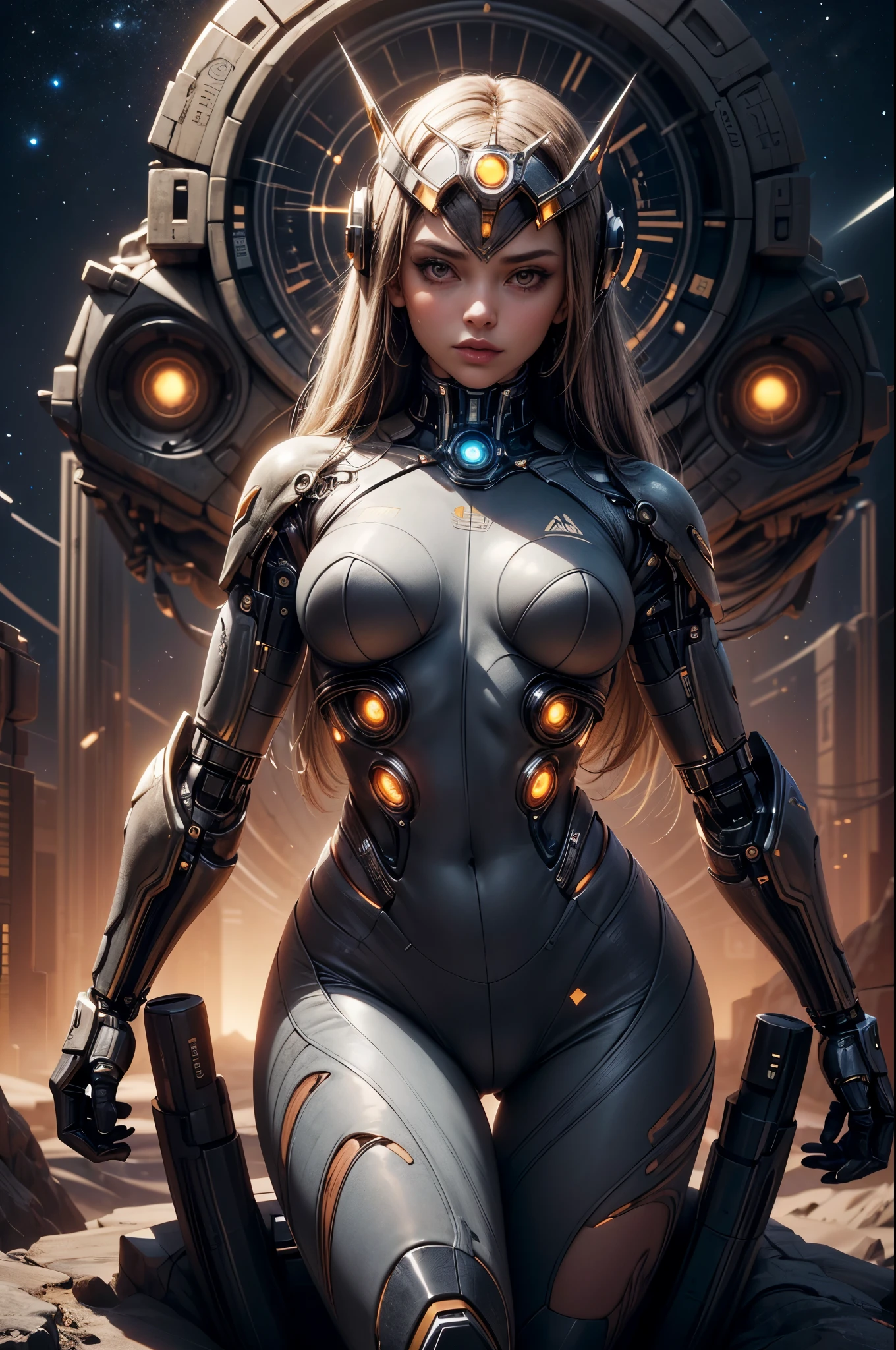 "((Techno-chic girl)) in Egypt Cyberstyle attire, surrounded by a surreal space landscape with fantastic planets, bathed in the cosmic glow of the golden hour, ((cybernetic elements)), ((rule of thirds)), ((futuristic masterpiece)), detailed, (best quality)