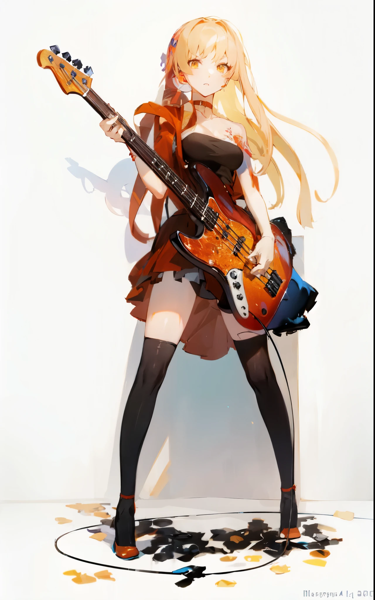 Yoimiya wearing an orange dress playing a sunburst Fender Jazz Bass. Electric Bass guitar, 3-tones sunburst color.