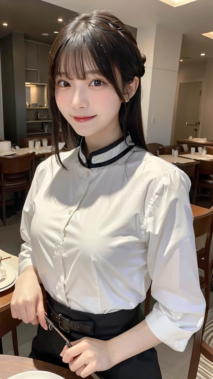 (top quality,Masterpiece:1.3,ultra high resolution,),(super detailed,Caustics),(realism:1.4,Original photography,)Ultra-realistic capture,a very detailed,High resolution 16K close-up of human skin。 natural skin texture、,pores are、Must be detailed enough to be easily identifiable。 Skin should look healthy、Even skin tone。 Use natural light and color,dining room,(waitress:1,3),1 girl,Japanese,18 years old,kawaii,A black-haired one,Zhongfa,(big deal :1.2),Smile,Turn the body forward,(Front view:1.2),looking at camera,full-body shot:1.1,gaze,Chest concentration:1.1,Chest close-up:1.1