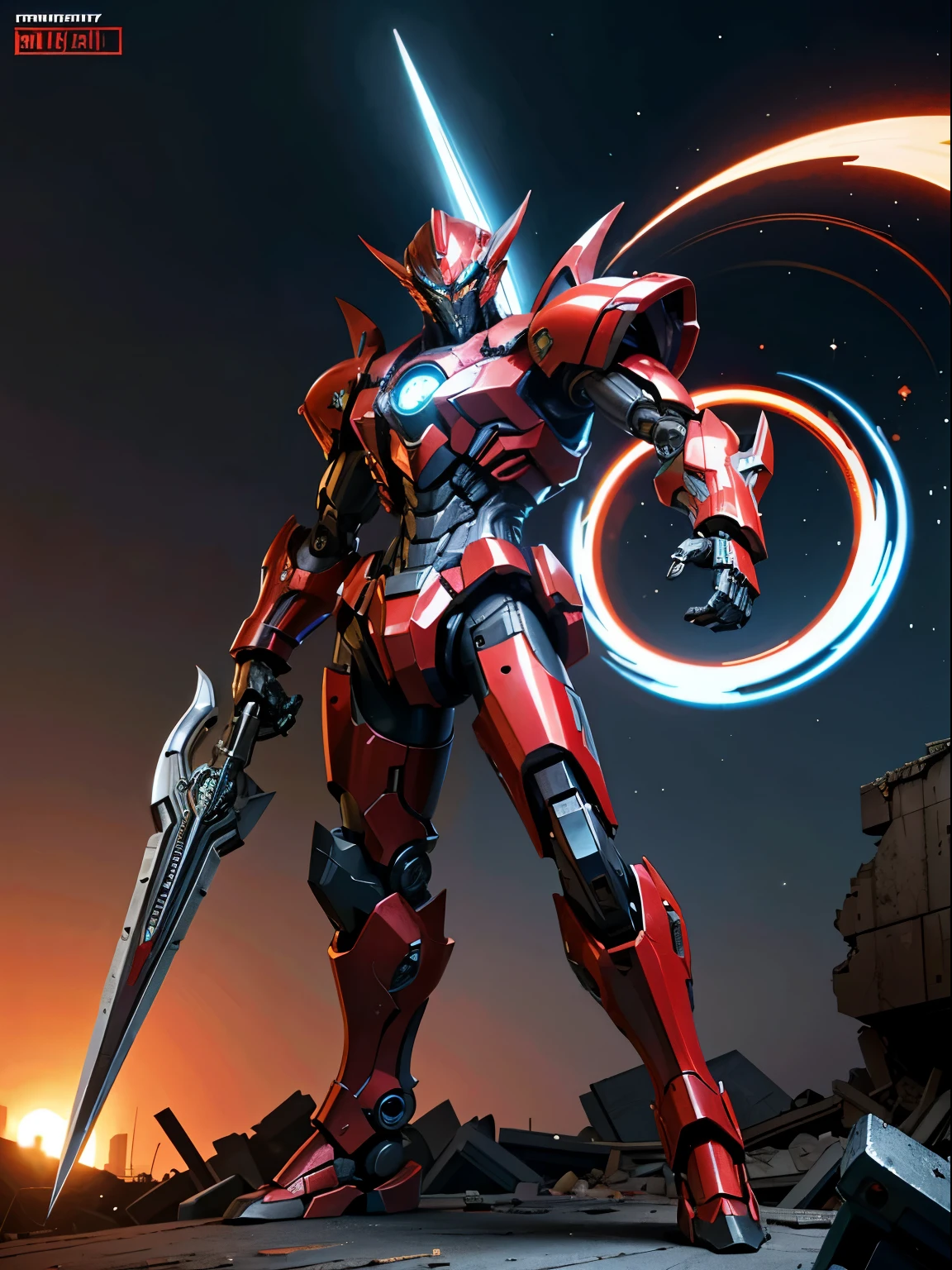 Foto bruta,escuro_Fantasia, Ciberpunk, (Large revolver, Homem Espada, Vermelho: 1.1), 1 homem, mechanical marvel, Robotic presence, cyber guardian, rua, destroyed building