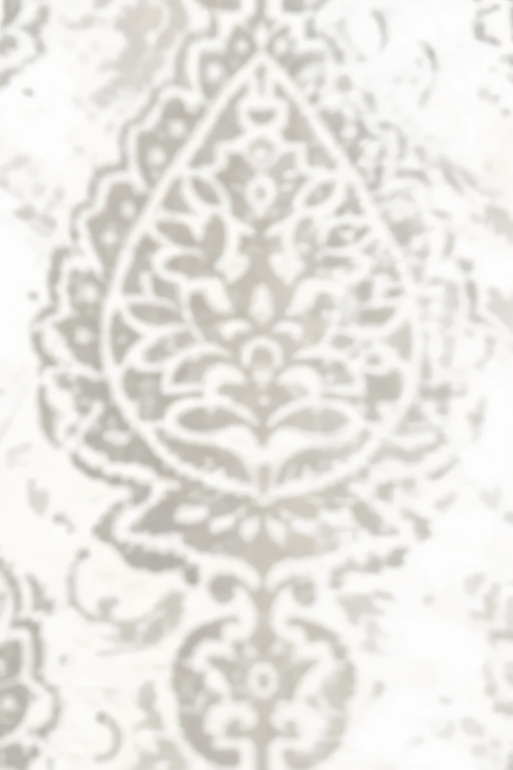 Close-up of patterned white and gray wallpaper, Silver,ivory, damask silk, White gorgeous fabric, large pattern, Paisley, detailed intricate print, intricate Paisley filigree, Linen, Pearlescent white, white pearlescent, ivory rococo, White background, light brown, print, damask silk patern, Gravure style