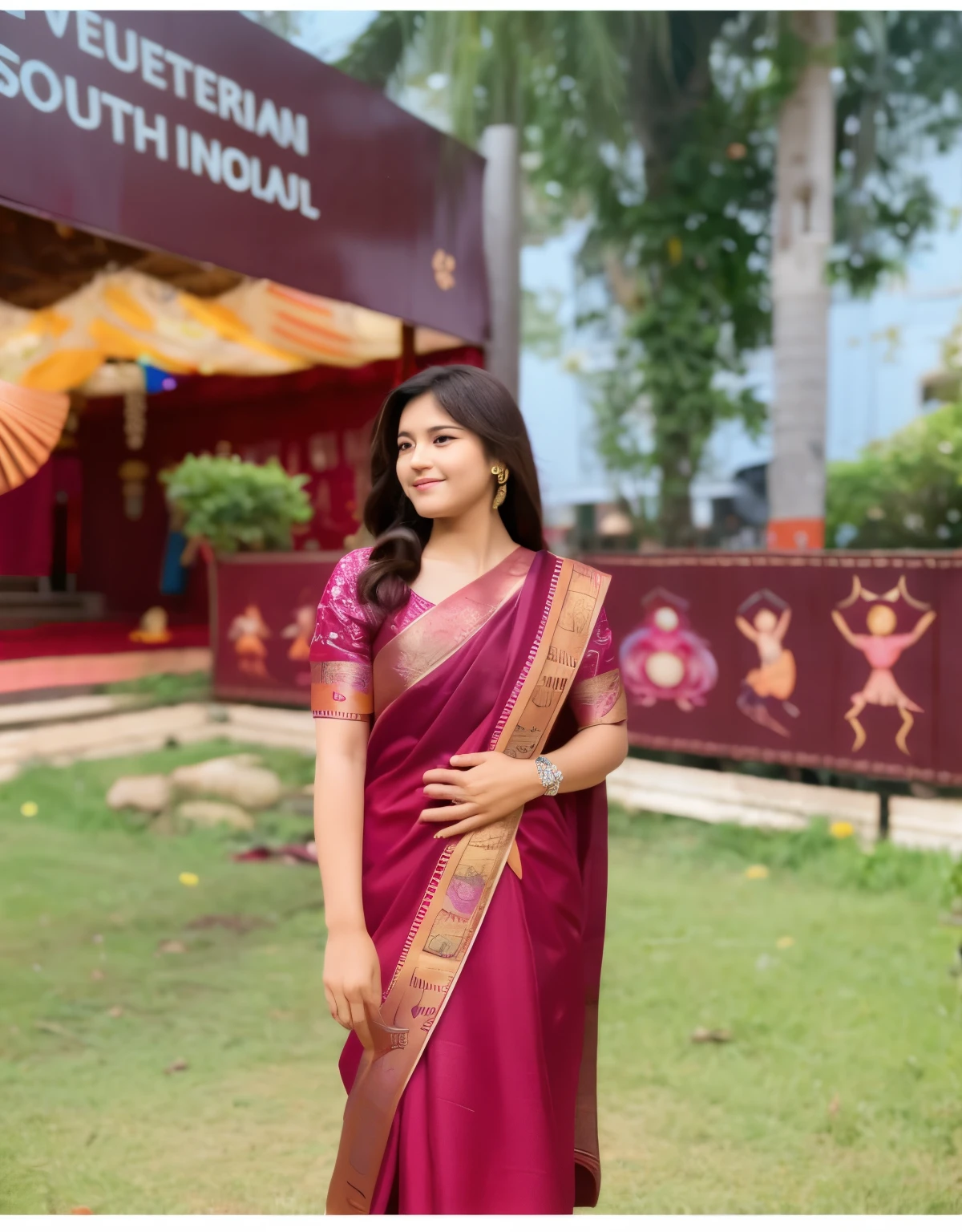 A beautiful grile wearing saari saari color are megenta and traditional saari grile are so beautiful age are 18 years and traditional jewellery and beautiful silk hairs black shainy 4k hd high resulation canon 6d with 85 mm bikhe blur are f1.2 sony with 85 mm f1.4 with bokhe blur 