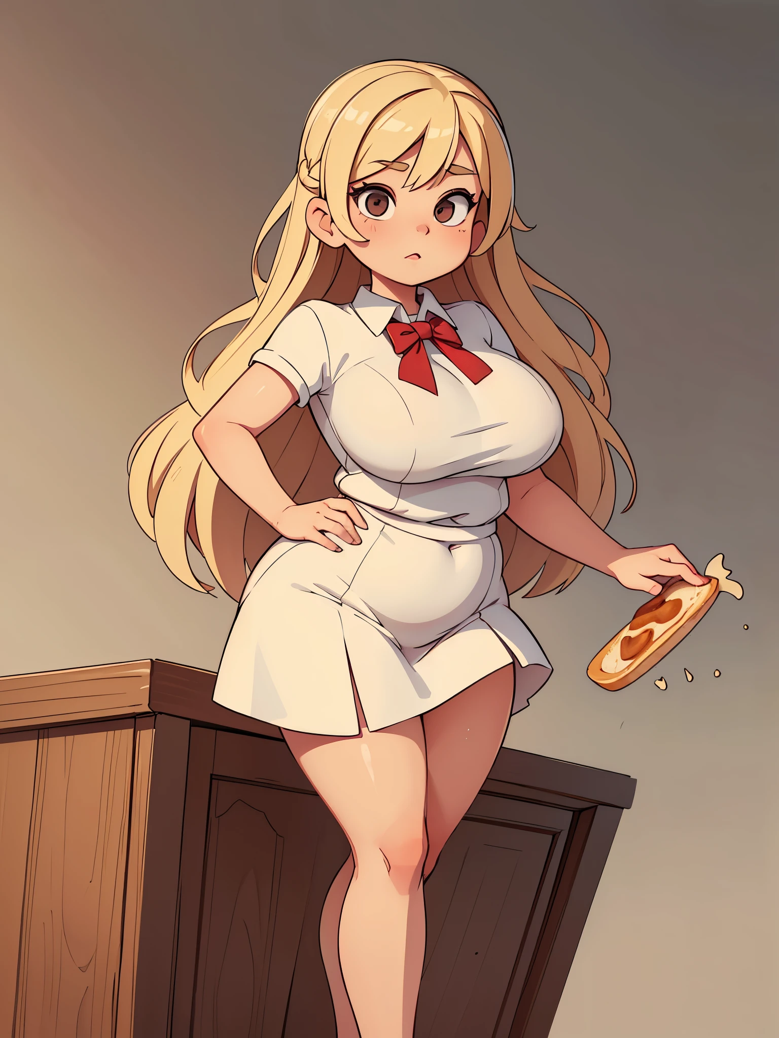 (Best quality), (top quality), (masterpiece), (portrait), (aesthetic), (beautiful), (high quality), (professional angle), (rule of thirds), (Feminine), (woman), (female), (beautiful lady), (big ass), (long hair), (large breast), (masterpiece), (portrait), (aesthetic), (beautiful), (high quality), (professional angle), (rule of thirds), (Feminine), (woman), (female), (beautiful), (feminine features), (blonde) Drawing of a pudgy teen of late adolescence running with a piece of fleshy toast in her mouth with rosy cheeks, brown eyes, creamy blonde hair. She is in a white dress with a prominent bow on her waist; she is wearing black dress shoes. She has muscular, toned, realistic feet and legs. Her legs are thick, fat, chubby, meaty, voluptuous, curvaceous, long, Rubenesque and plump. Her fat legs have varicose veins.