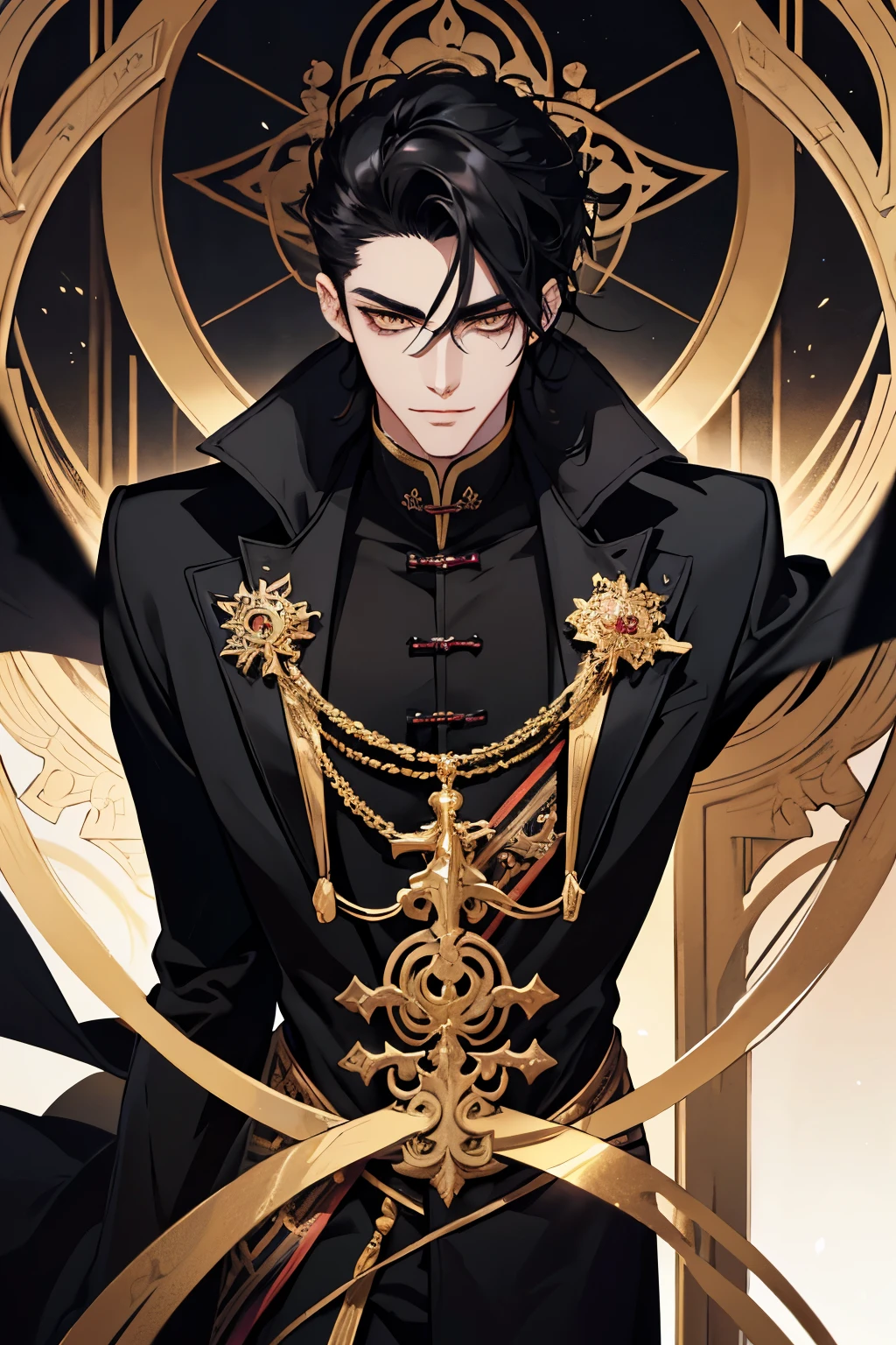 close up of a person in a black coat and black hair, full body xianxia, beautiful male god of death, vampire fashion, wearing a black noble suit, detailed anime character art, male vampire of clan banu haqim, full body black and black longcoat, with his medium long black hair, androgynous vampire, detailed 20 year old male face, ultra realistic anime golden eyes no emotions, INTJ, intelligent, gold, golden, evil smile, smile