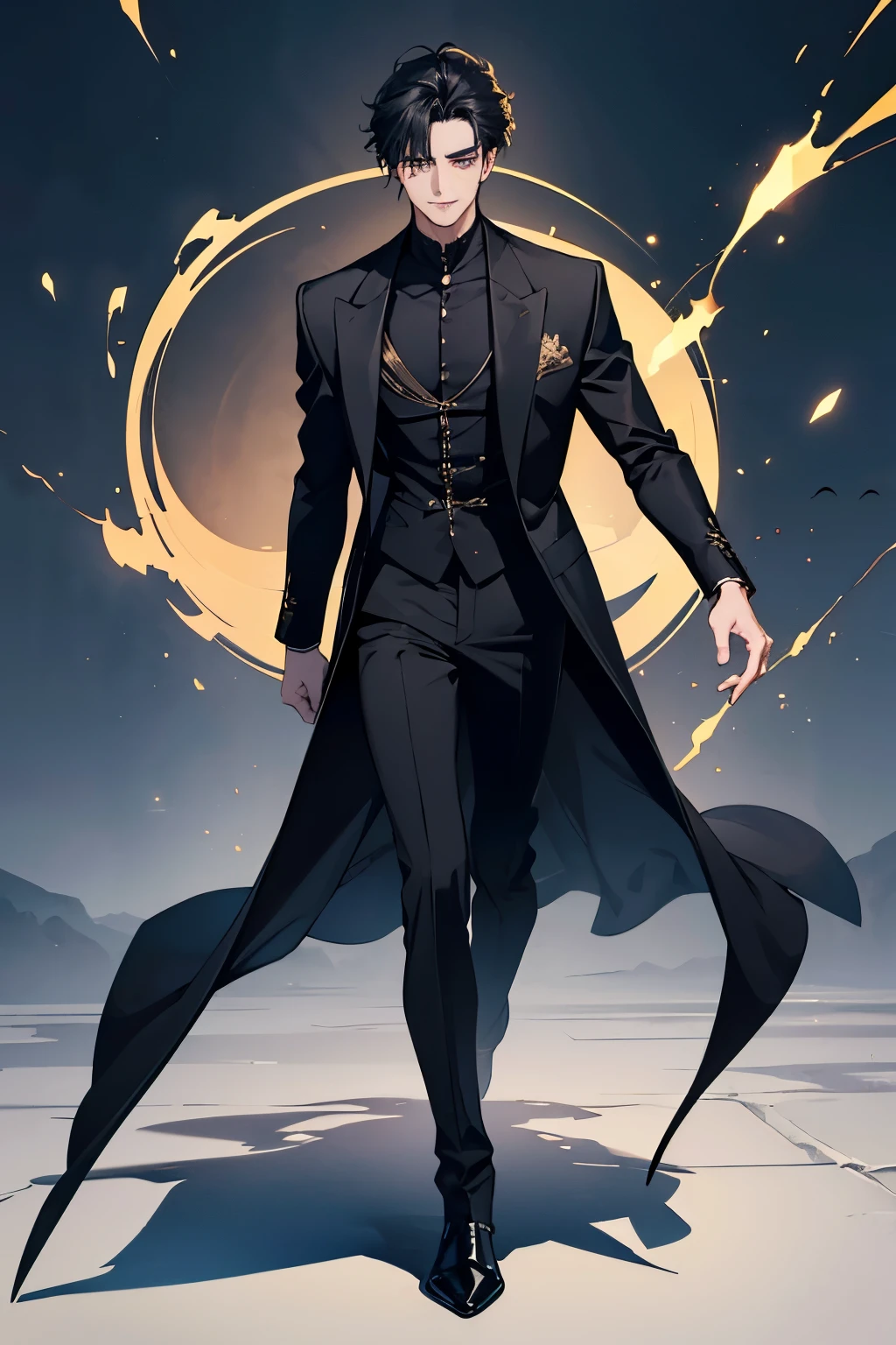close up of a person in a black coat and black hair, full body xianxia, beautiful male god of death, vampire fashion, wearing a black noble suit, detailed anime character art, male vampire of clan banu haqim, full body black and black longcoat, with his medium long black hair, androgynous vampire, detailed 20 year old male face, ultra realistic anime golden eyes no emotions, INTJ, intelligent, gold, golden, evil smile, smile