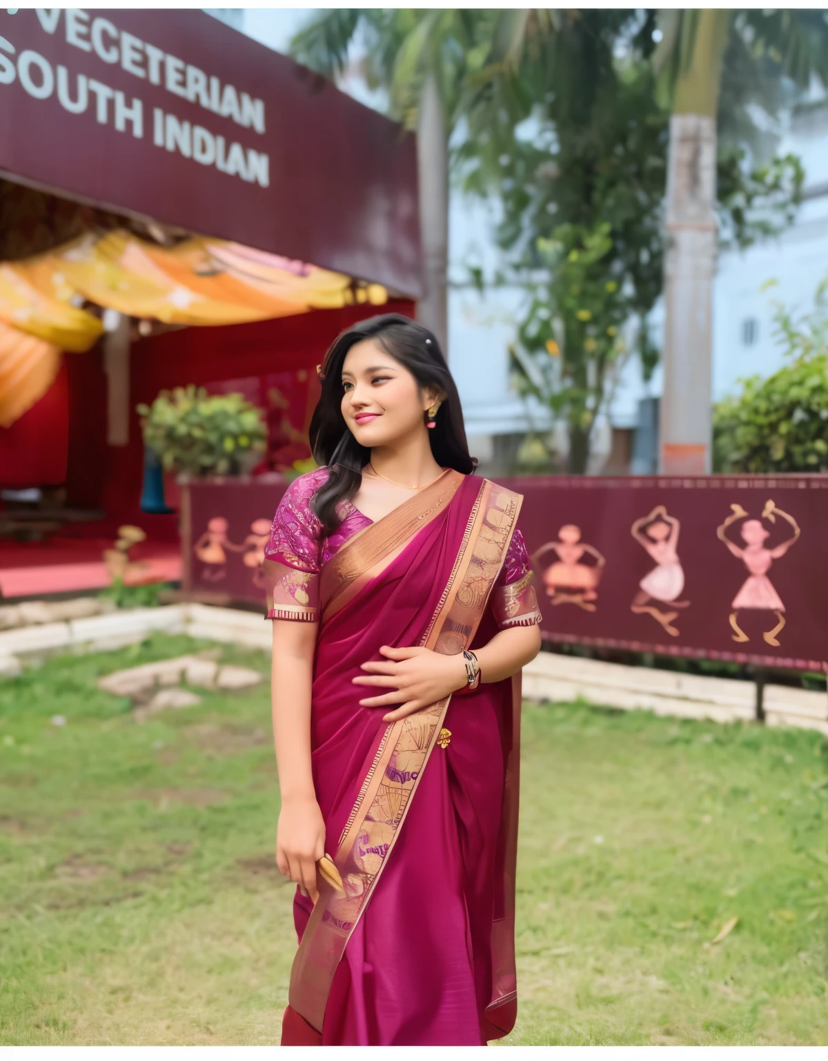 woman in a red sari standing in front of a building, traditional beauty, wearing a sari, wearing sari, dressed in a sari, candid picture, hindu aesthetic, in front of a temple, with lovely look, mid shot portrait, festival of rich colors, wearing an elegant tribal outfit, candid photograph, assamese aesthetic, wearing traditional garb, at college