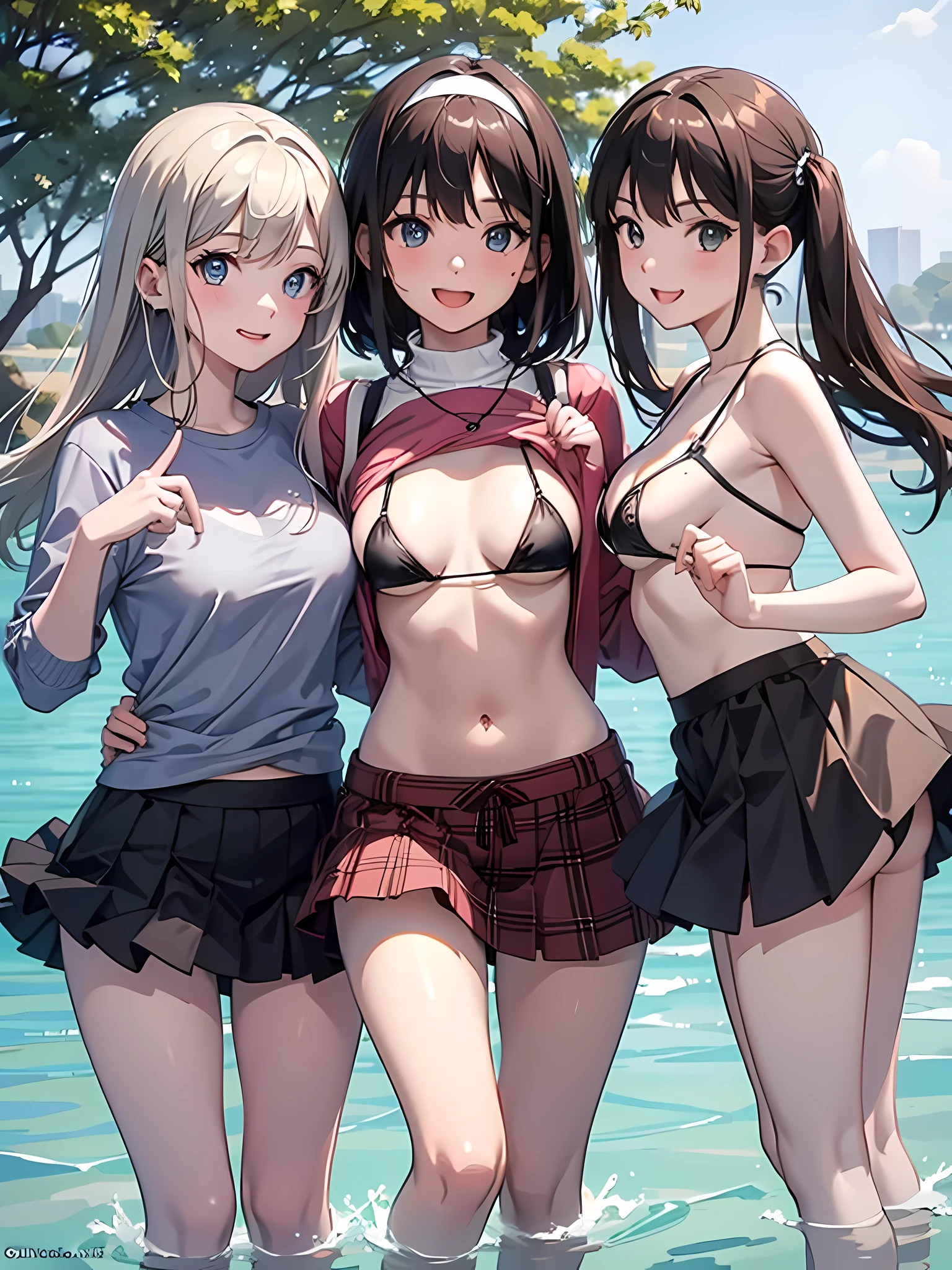 ((highest quality)), ((masterpiece)), (3 girls:1.3), Three cute girls are posing for the camera outdoors underwater, (shirtを持ち上げる),(The wind flips my skirt:1.3), three people standing in a row, (Close-up shot from the waist up:1.5), (open your mouth and smile:1.3), ray tracing, (bubble butt), bend over, hair band, head band, hair bobble, blouse, shirt, (pastel micro bikini top), (high resolution eyes:1.5), (High definition finger 1.5), light smile, realistic, knee socks, Asian, Westerners, silver hair, brown hair, blonde, (belly button), jewelry, looking at the viewer, necklace, small breasts, long hair, short hair, (abs),
