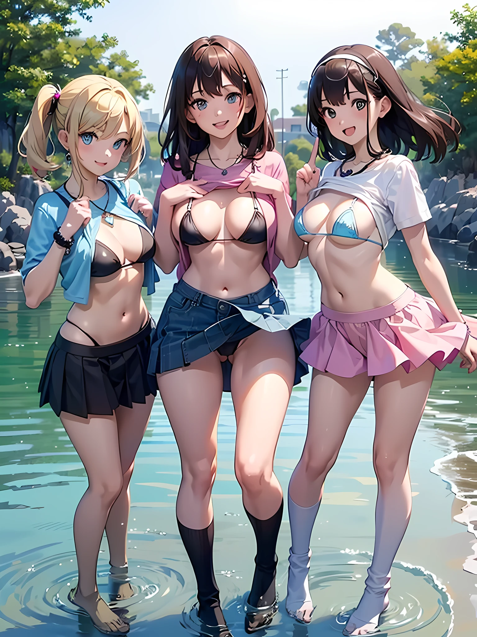 ((highest quality)), ((masterpiece)), (3 girls:1.3), Three cute girls are posing for the camera outdoors underwater, (shirtを持ち上げる),(The wind flips my skirt:1.3), three people standing in a row, (Close-up shot from the waist up:1.5), (open your mouth and smile:1.3), ray tracing, (bubble butt), bend over, hair band, head band, hair bobble, blouse, shirt, (pastel micro bikini top), (high resolution eyes:1.5), (High definition finger 1.5), light smile, realistic, knee socks, Asian, Westerners, silver hair, brown hair, blonde, (belly button), jewelry, looking at the viewer, necklace, small breasts, long hair, short hair, (abs),