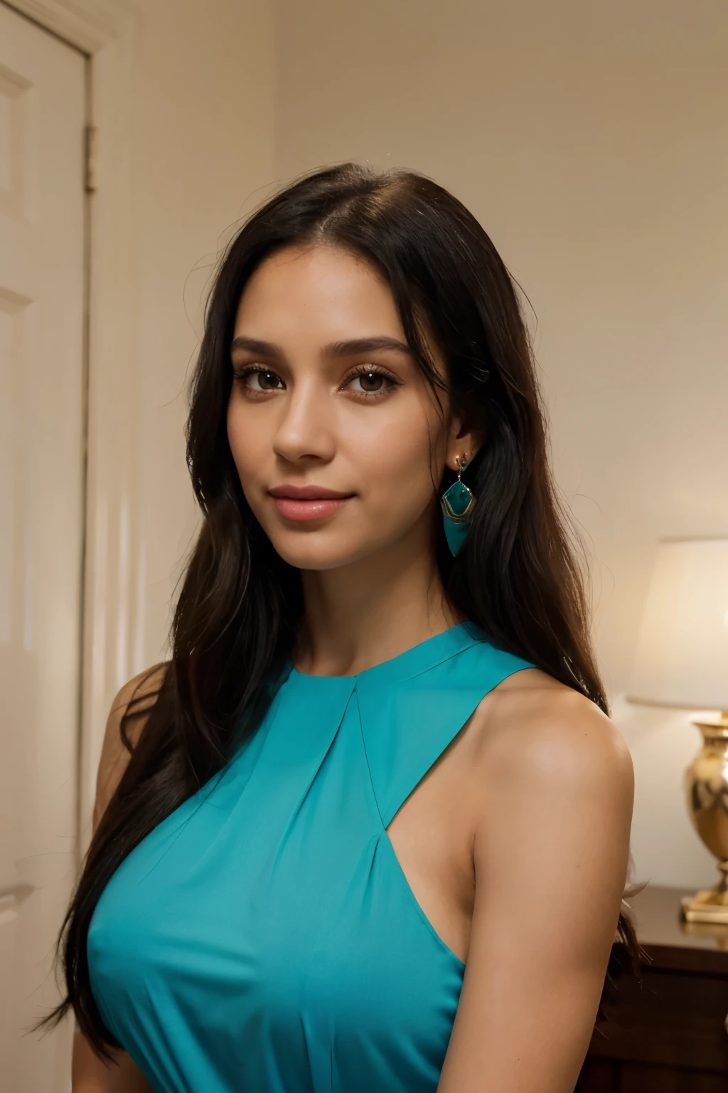 A 28-year-old woman, beautiful, light skin, light eyes, long black hair, looking at the viewer, wearing bright turquoise diamond earrings in her ear, showing her shoulders, wearing a top blouse, has a slender smile. Hyperrealistic, natural tone, soft colors. super realistic photography