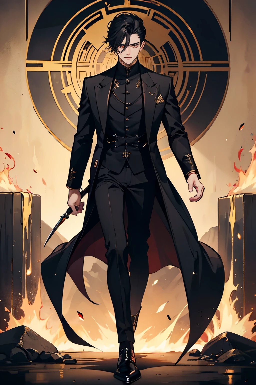 close up of a person in a black coat and black hair, full body xianxia, beautiful male god of death, vampire fashion, wearing a black noble suit, detailed anime character art, male vampire of clan banu haqim, full body black and black longcoat, with his short black hair, androgynous vampire, detailed 20 year old male face, ultra realistic anime golden eyes no emotions, INTJ, intelligent, gold, golden, evil smile, smile