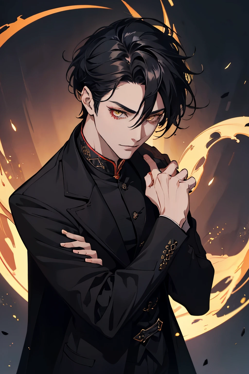 close up of a person in a black coat and black hair, full body xianxia, beautiful male god of death, vampire fashion, wearing a black noble suit, detailed anime character art, male vampire of clan banu haqim, full body black and black longcoat, with his short black hair, androgynous vampire, detailed 20 year old male face, ultra realistic anime golden eyes no emotions, INTJ, intelligent, gold, golden, evil smile, smile