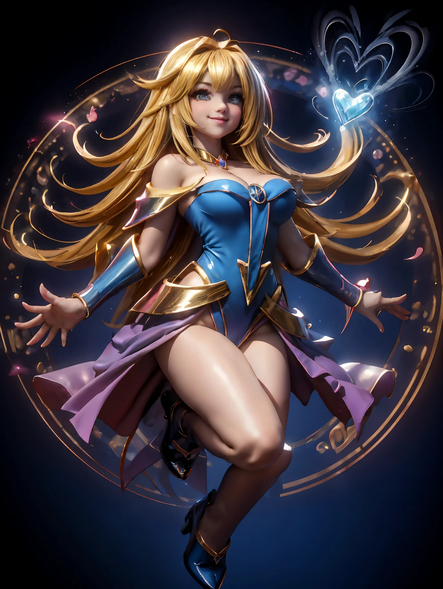 Dark magician gils en el aire, she is standing jumping, Magic hearts background. Sonrisa en sus labios. Ojos celestes. Cabello dorado. Pose sensual. Levitando en una pie. Tiene tacones. 1.1 Usa tacones azules y dorados . Usa tacones 