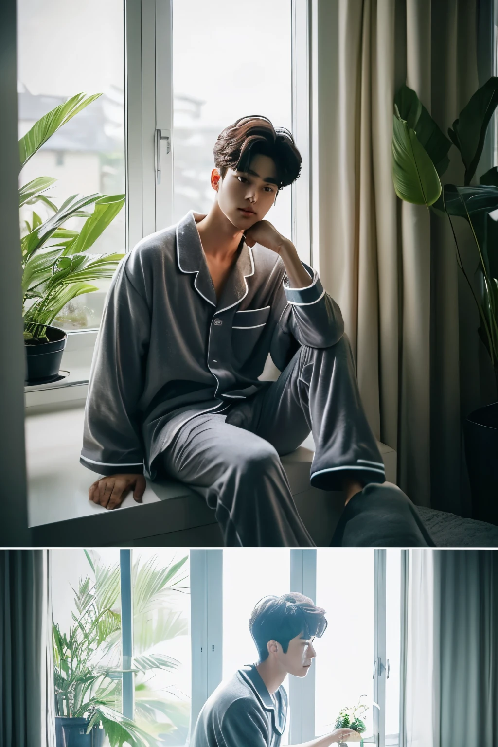 mix of cha eun woo and rowoon korean actor wavy short hair, wearing gray pajama, sitting on the bed, the bedroom is big and nice, facing at the big window with light coming from the sunlight, outside the window is view of plants and tree