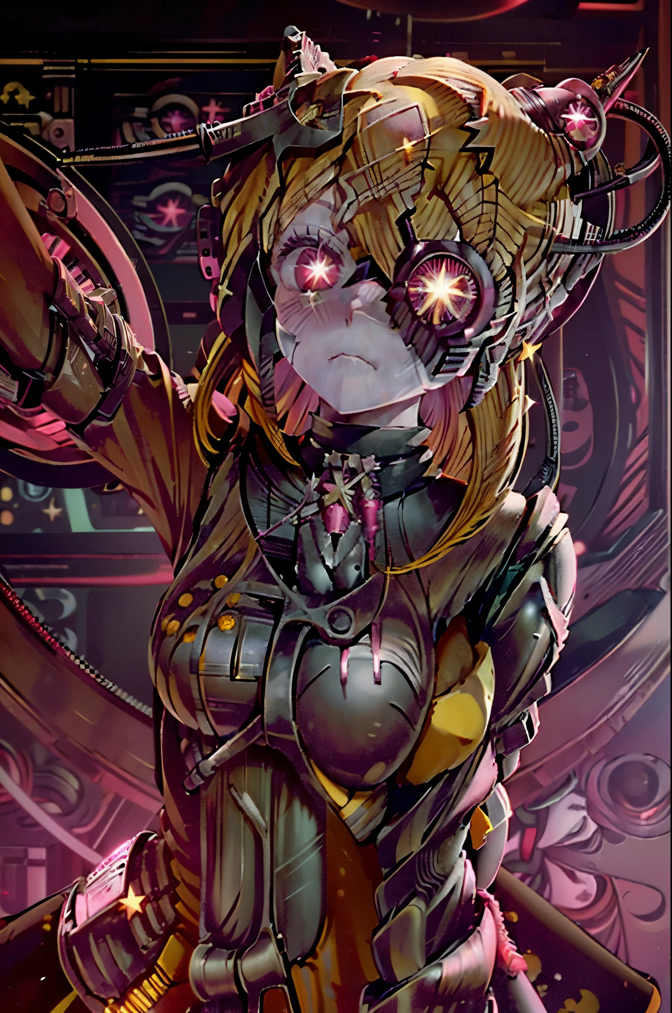 ruby hoshino, (yellow hair:1.5), long hair, one side up, (pink eyes:1.5), sidelocks, (star-shaped pupils:1.5), (symbol-shaped pupils:1.5), (mismatched pupils:1.5), borg cyborg bald gray skin veins metal armor cable eyepatch deadpan expression