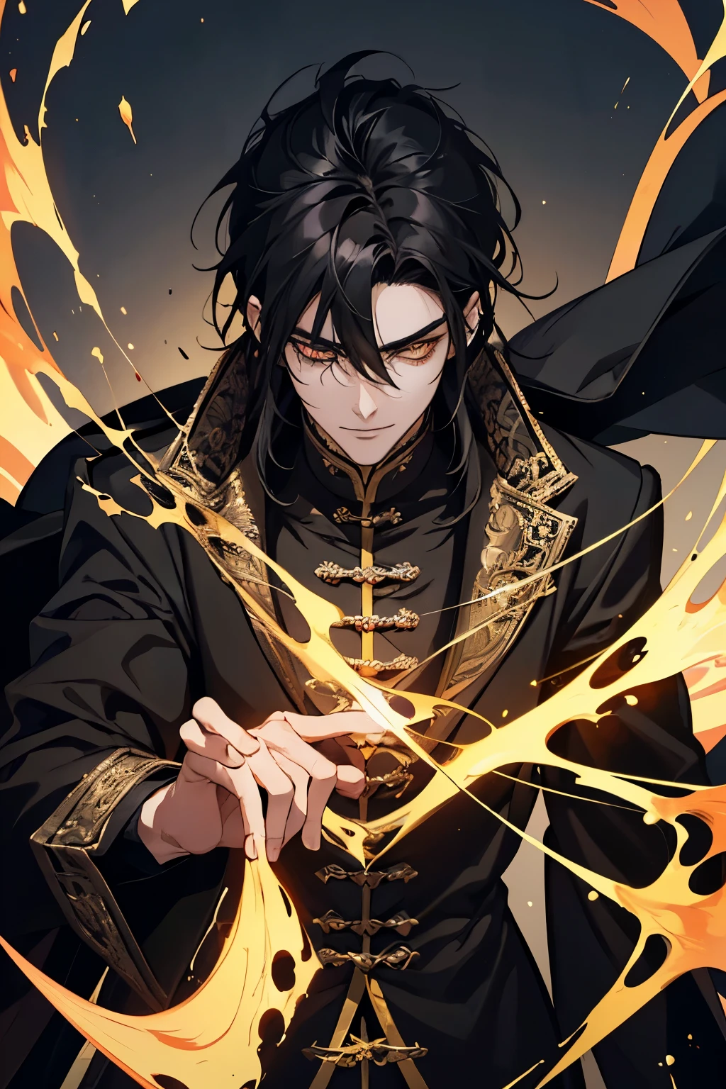 close up of a person in a black coat and black hair, full body xianxia, beautiful male god of death, vampire fashion, wearing a black noble suit, detailed anime character art, male vampire of clan banu haqim, full body black and black longcoat, with his short black hair, androgynous vampire, detailed 20 year old male face, ultra realistic anime, golden eyes no emotions, INTJ, intelligent, gold, golden, evil smile, smile, evil