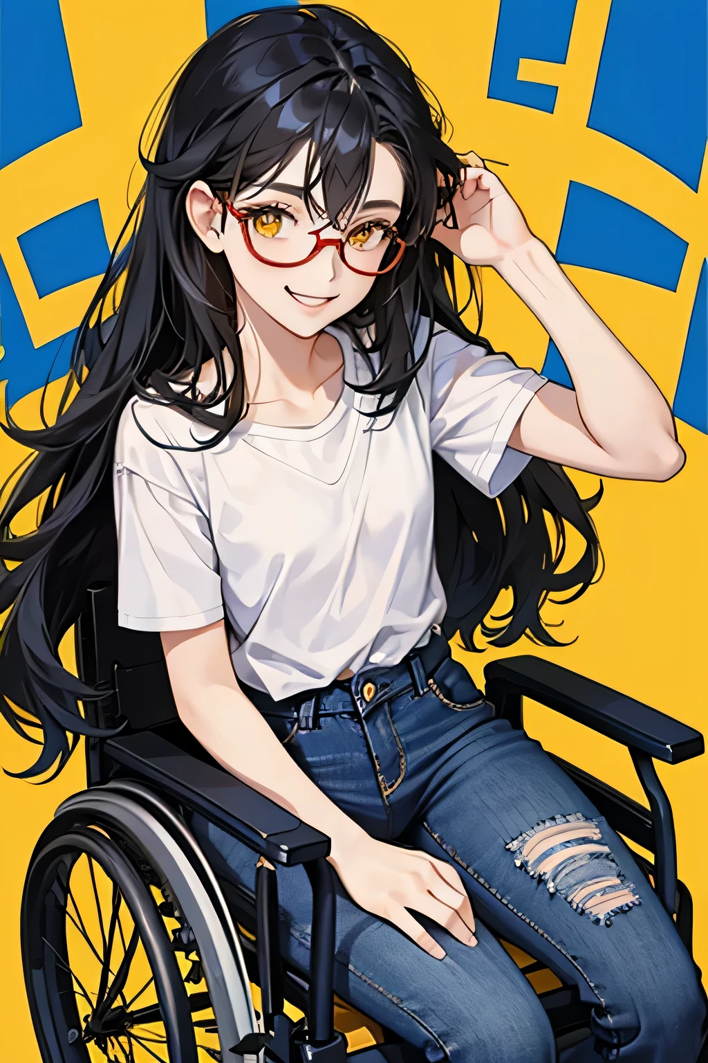 1 girl, black long dirty hair, Yellow eyes, flat chest, blue jeans, red glasses, smiling, sports wheelchair