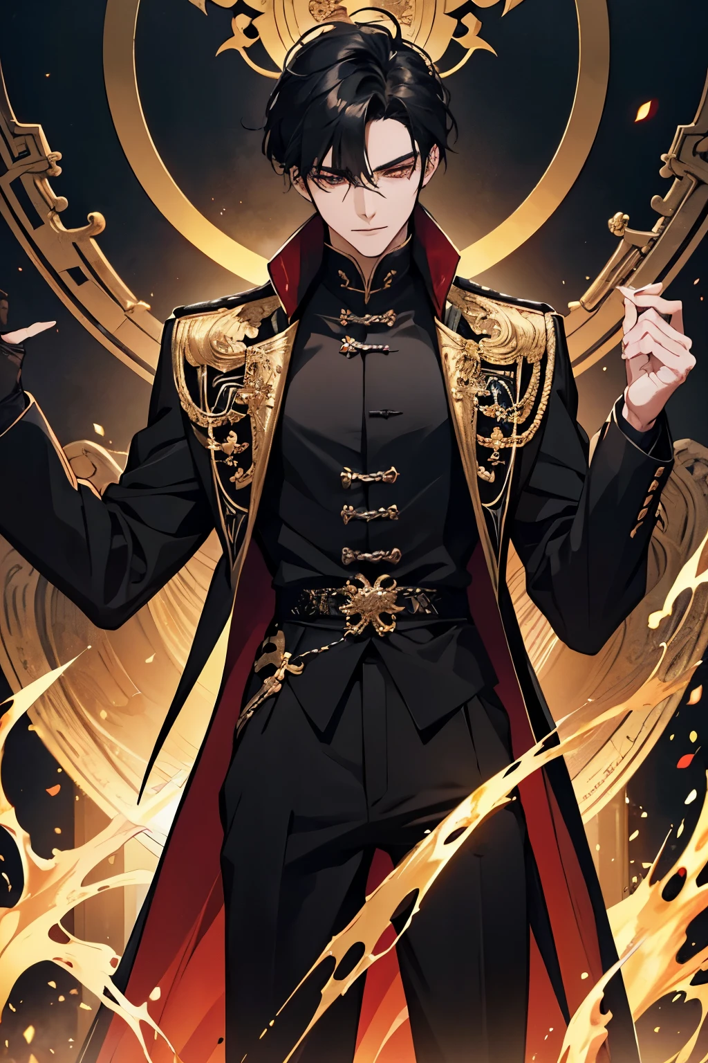 close up of a person in a black coat and black hair, full body xianxia, beautiful male god of death, vampire fashion, wearing a black noble suit, detailed anime character art, male vampire of clan banu haqim, full body black and black longcoat, with his short black hair, androgynous vampire, detailed 20 year old male face, ultra realistic anime, golden eyes no emotions, INTJ, intelligent, gold, golden, evil smile, smile, evil