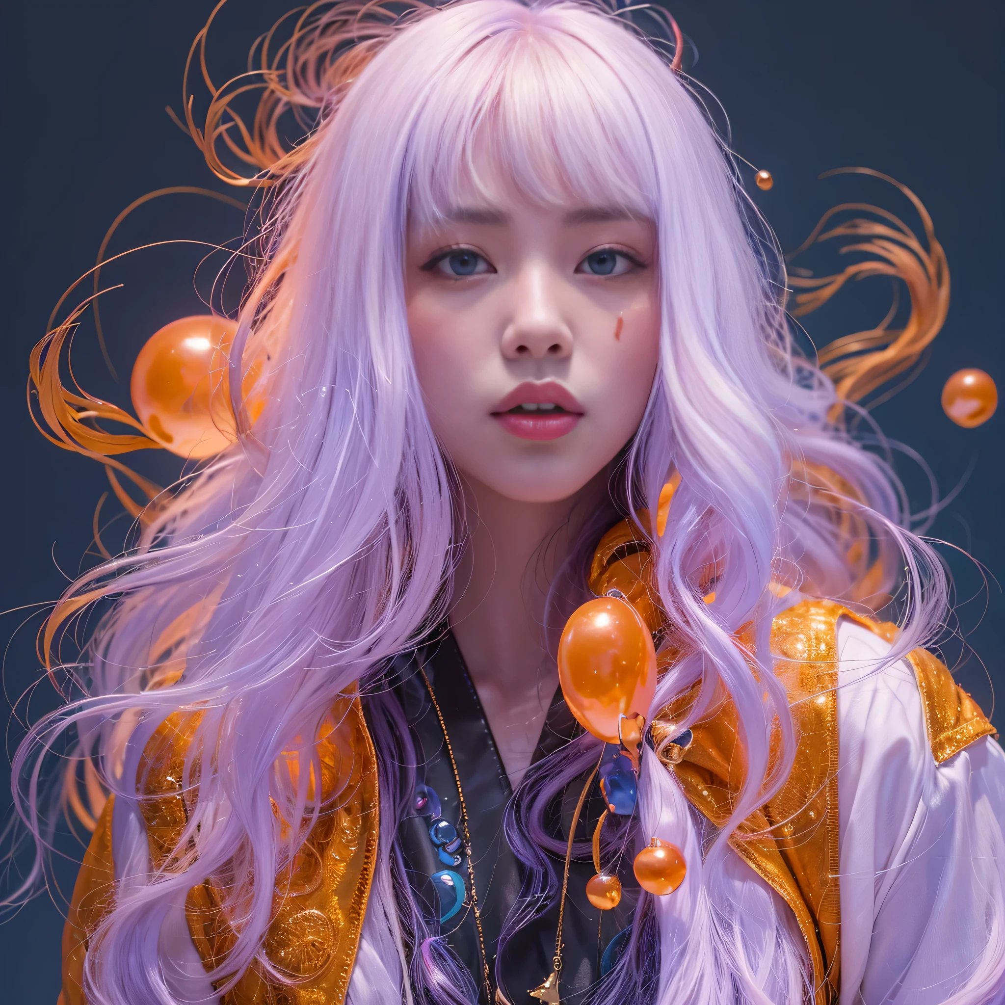 blue,blue,enamel,agate,A flesh-colored world,Blood Girl 32K(masterpiece,HD,super high quality,32k)Bright orange flowing hair,blood pool,we disagree, a color,Grumpy (rooster scarf), Combat stance, looking at the ground, long white hair, Floating bright orange, Fire cloud gold headdress, Chinese long-sleeved gold silk burgundy garment, (Abstract metaverse splash:1.2), White background,Lotus Vitality Amulet(realistically:1.4),bright purple hair,Smoke on the road,The background is very pure, high resolution, detail, original photo, Sharp Re, Nikon D850 film photo by Jefferies Lee 4 Kodak Portra 400 camera F1.6 guns, rich and colorful, Super real、Vivid texture, dramatic lighting, Unreal Engine Art Station Trend, Silicon Nest 800,A girl with long flowing bright orange hair,huge rich and colorful bubbles