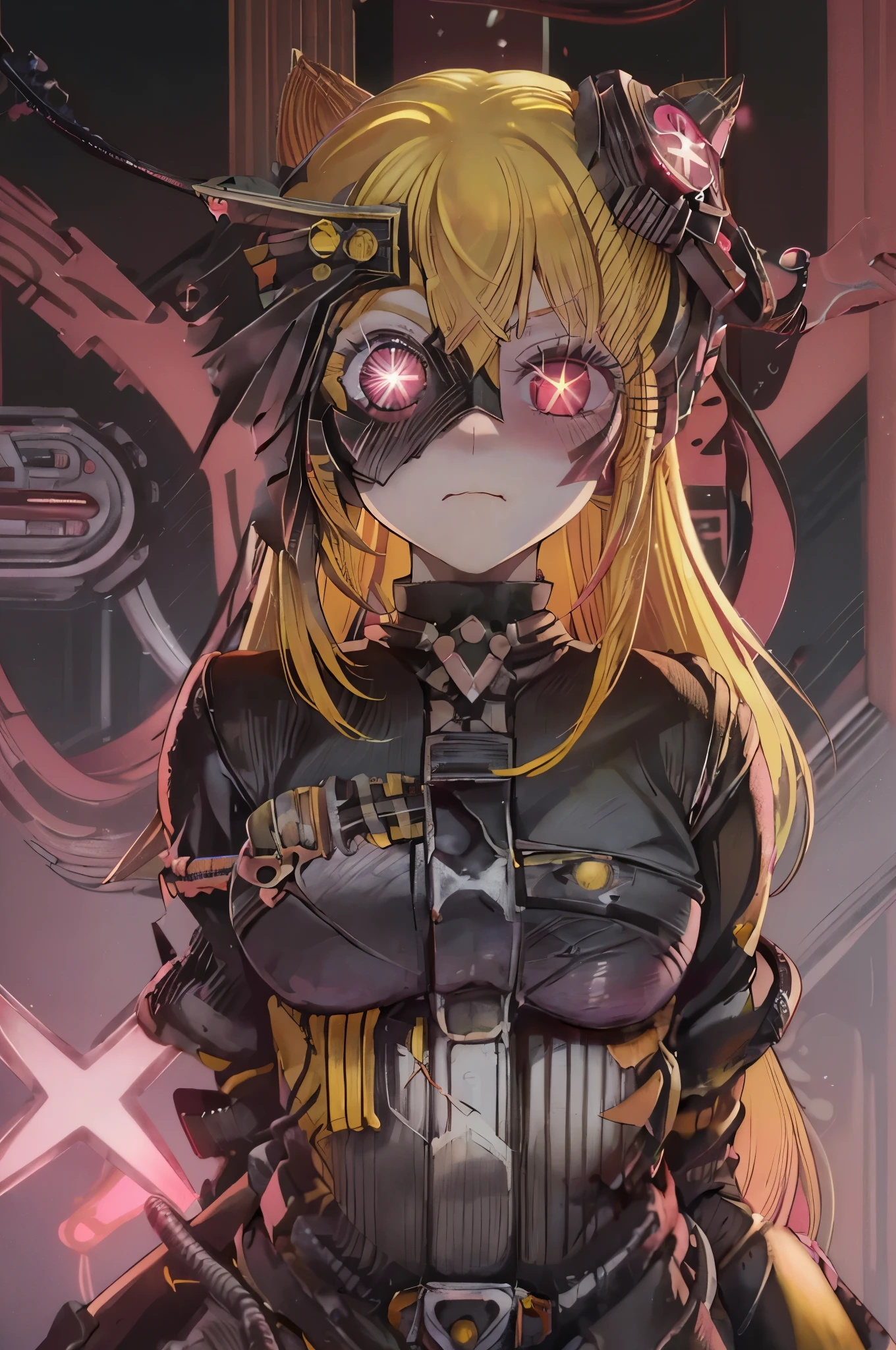 ruby hoshino, (yellow hair:1.5), long hair, one side up, (pink eyes:1.5), sidelocks, (star-shaped pupils:1.5), (symbol-shaped pupils:1.5), (mismatched pupils:1.5), borg cyborg bald gray skin veins metal armor cable eyepatch deadpan expression