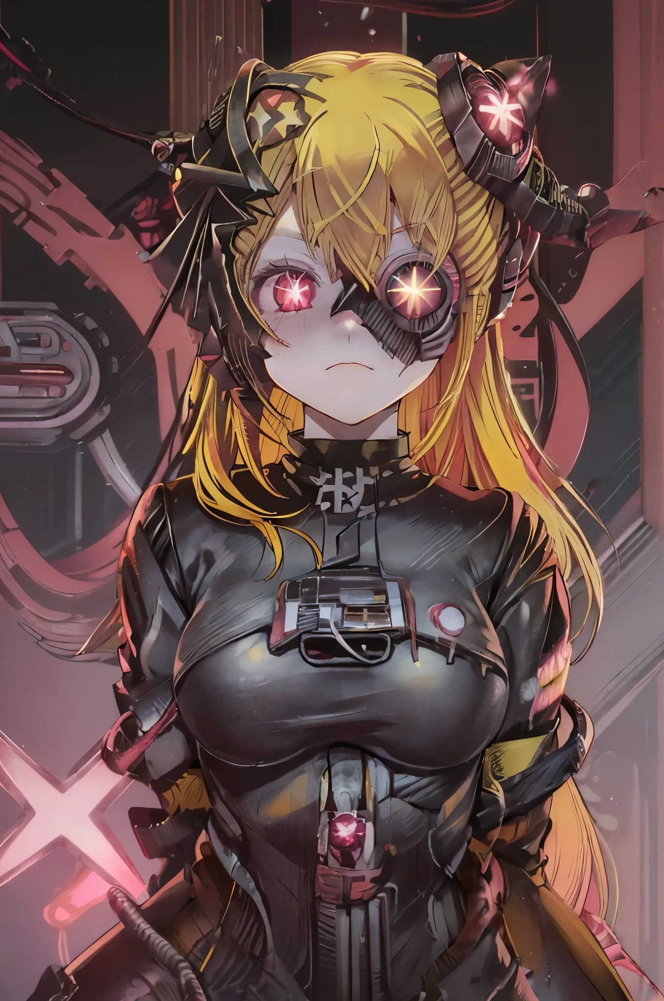 ruby hoshino, (yellow hair:1.5), long hair, one side up, (pink eyes:1.5), sidelocks, (star-shaped pupils:1.5), (symbol-shaped pupils:1.5), (mismatched pupils:1.5), borg cyborg bald gray skin veins metal armor cable eyepatch deadpan expression