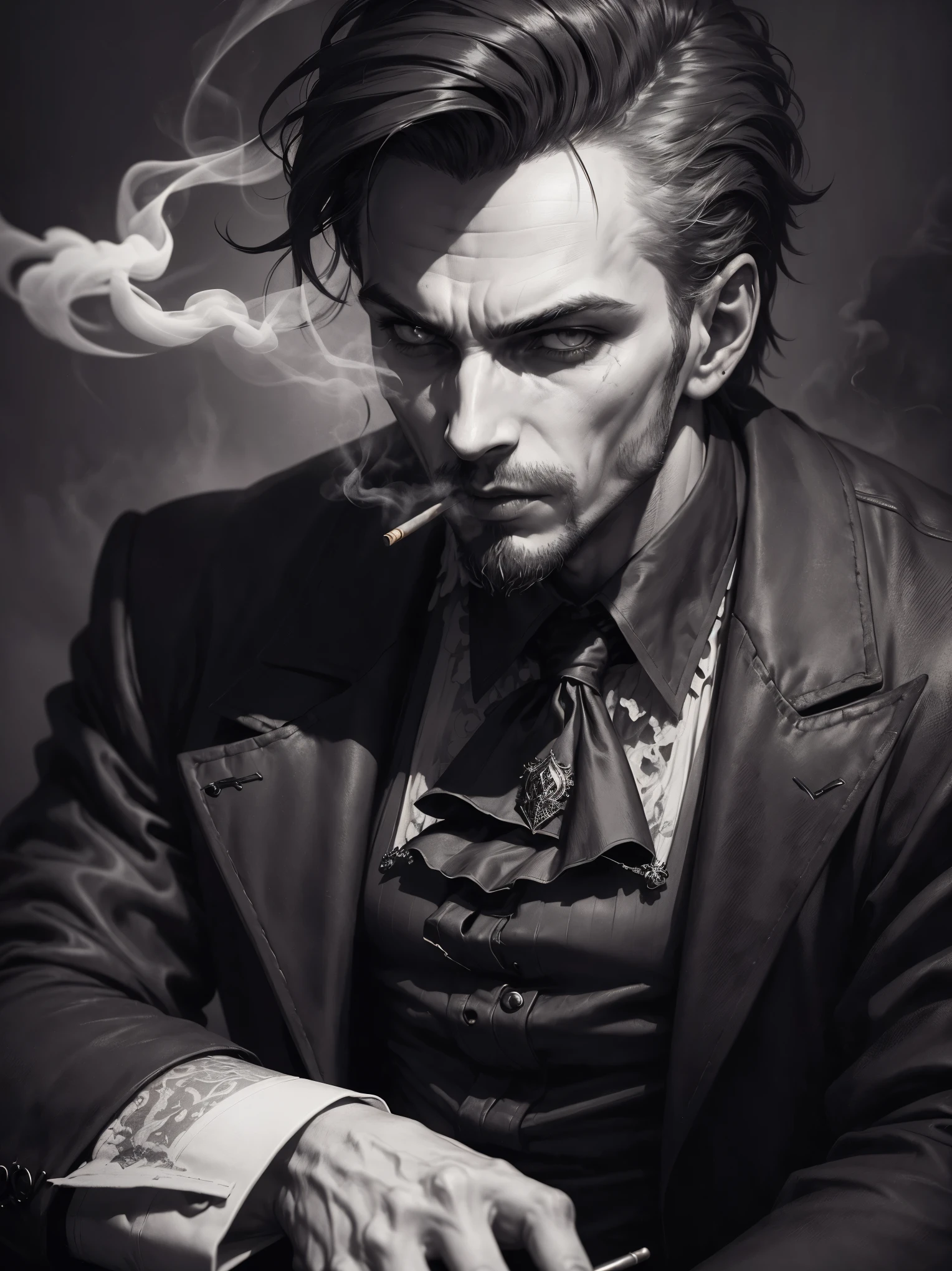(a man sitting smoking a cigarette, gothic style),charcoal sketch,shadowed background,detailed facial features,black and white,contrasting tones,dramatic lighting,expressive eyes,flowing smoke,mysterious atmosphere,rich textures,high contrast,hauntingly beautiful,creepy vibes,exquisite details,sharp lines,intense emotions