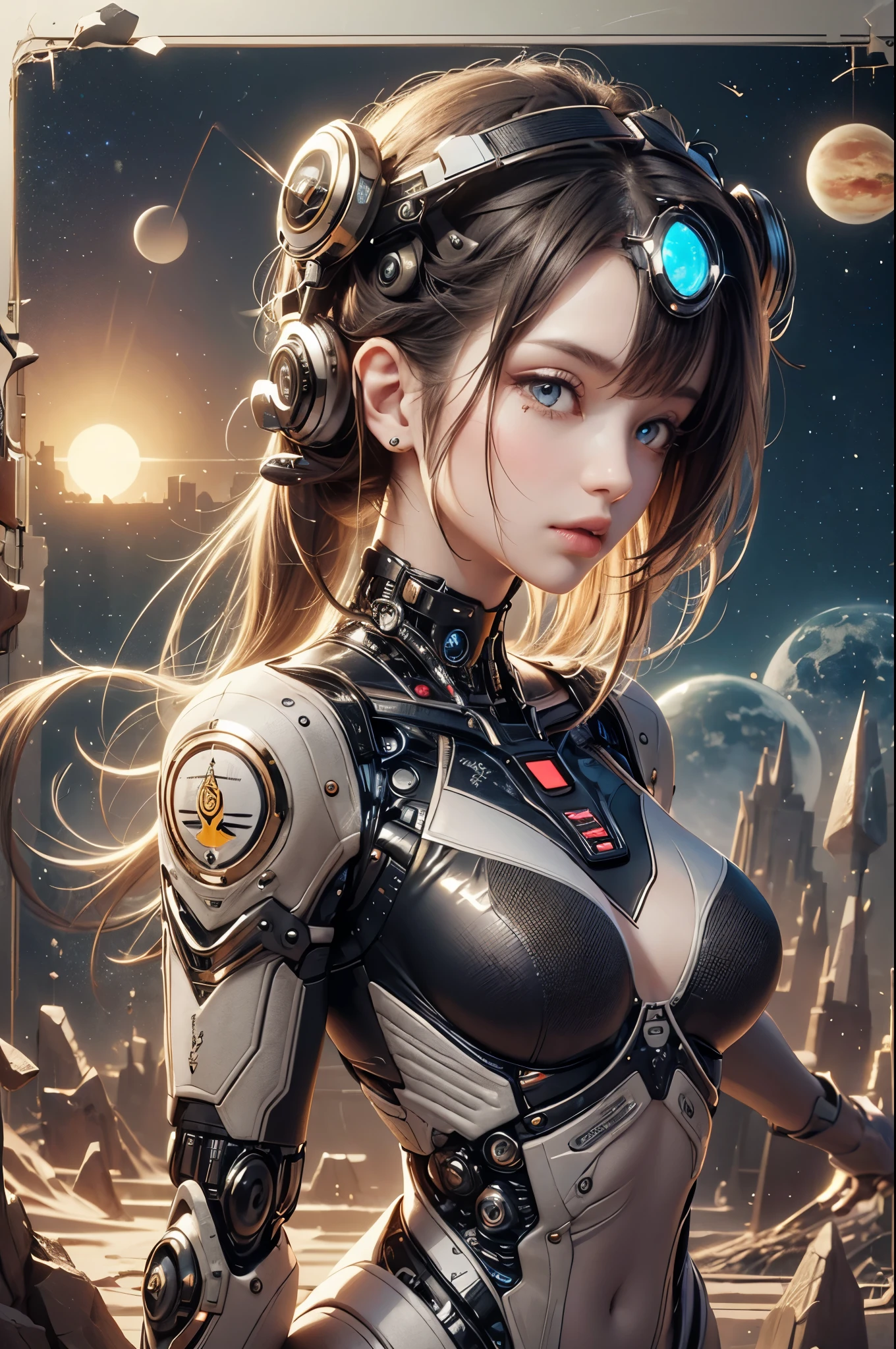 "((Techno-chic girl)) in Egypt Cyberstyle attire, surrounded by a surreal space landscape with fantastic planets, bathed in the cosmic glow of the golden hour, ((cybernetic elements)), ((rule of thirds)), ((futuristic masterpiece)), detailed, (best quality)