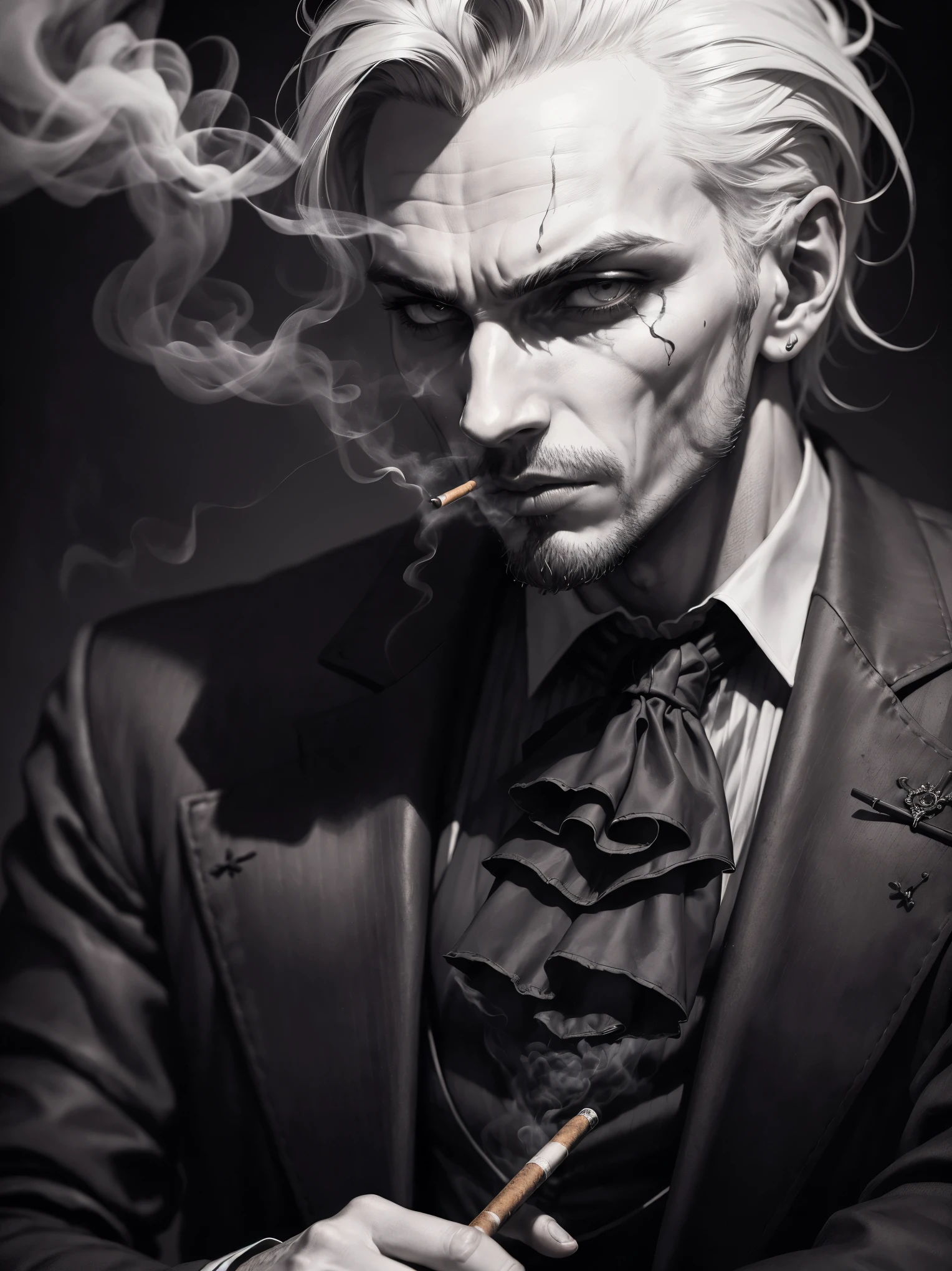 (a man sitting smoking a cigarette, gothic style),charcoal sketch,shadowed background,detailed facial features,black and white,contrasting tones,dramatic lighting,expressive eyes,flowing smoke,mysterious atmosphere,rich textures,high contrast,hauntingly beautiful,creepy vibes,exquisite details,sharp lines,intense emotions