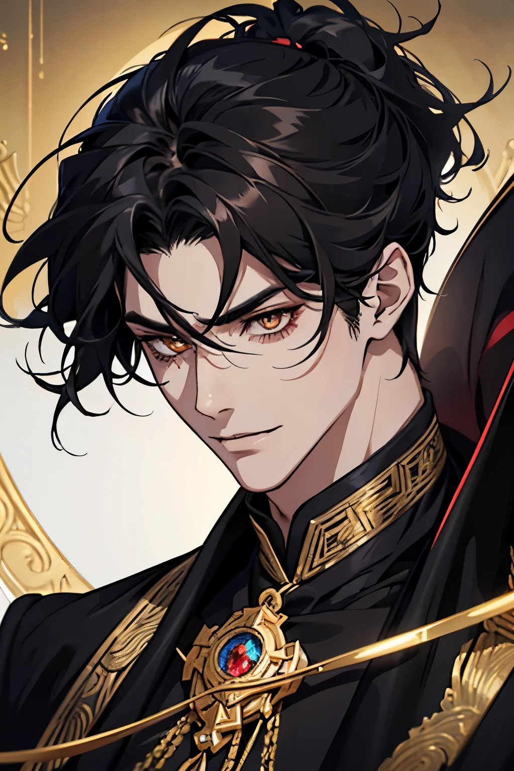 close up of a person in a black coat and black hair, full body xianxia, beautiful male god of death, vampire fashion, wearing a black noble suit, detailed anime character art, male vampire of clan banu haqim, full body black and black longcoat, with his short black hair, curly hair, androgynous vampire, detailed 20 year old male face, ultra realistic anime, golden eyes no emotions, INTJ, intelligent, gold, golden, smile