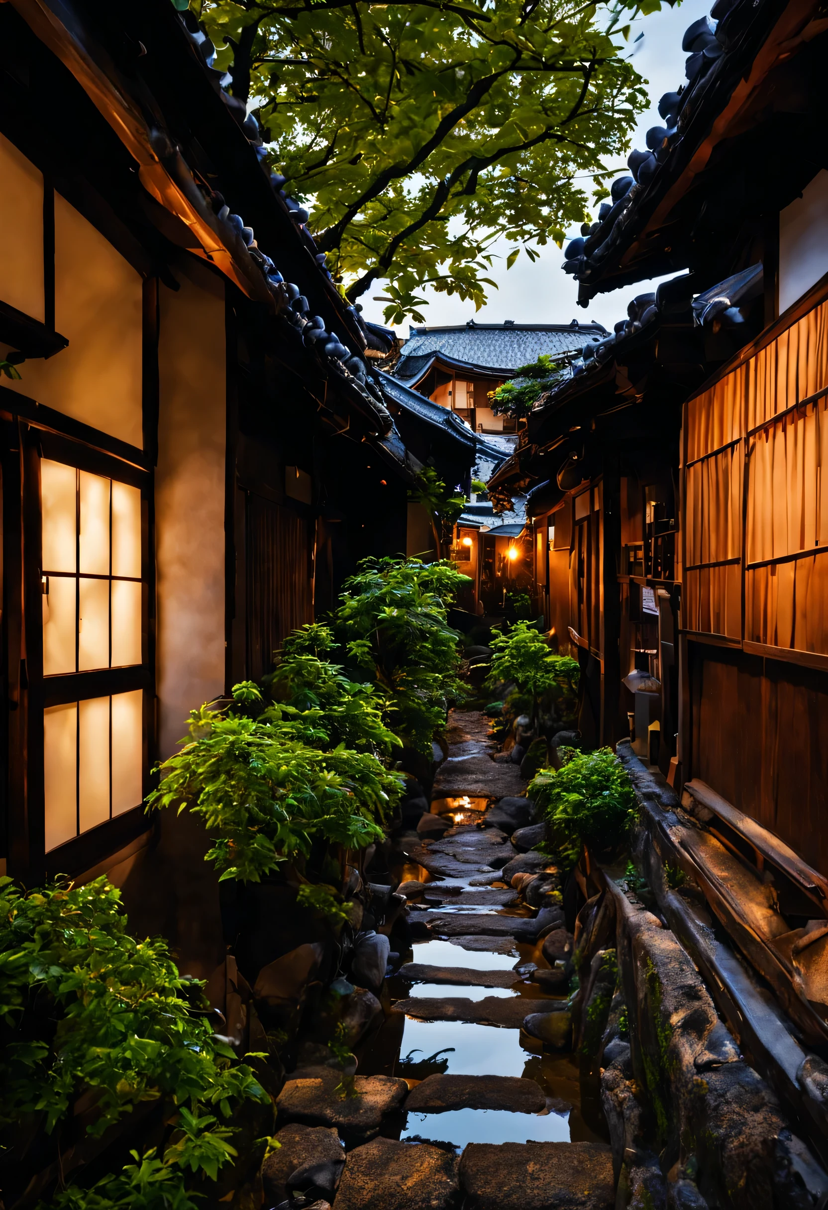 arrogant view of a narrow alley with some houses and trees, vila japonesa, cidade japonesa, cidade rural japonesa, Quioto inspirado, Rua Japonesa, cidade japonesa, at night during the rain, exuberante paisagem japonesa, rural japan, edo japan, arquitetura japonesa, noite chuvosa, kyoto japan scenery, ancient arquitetura japonesa, ryokans e casas da era Edo, japanese neighborhood
