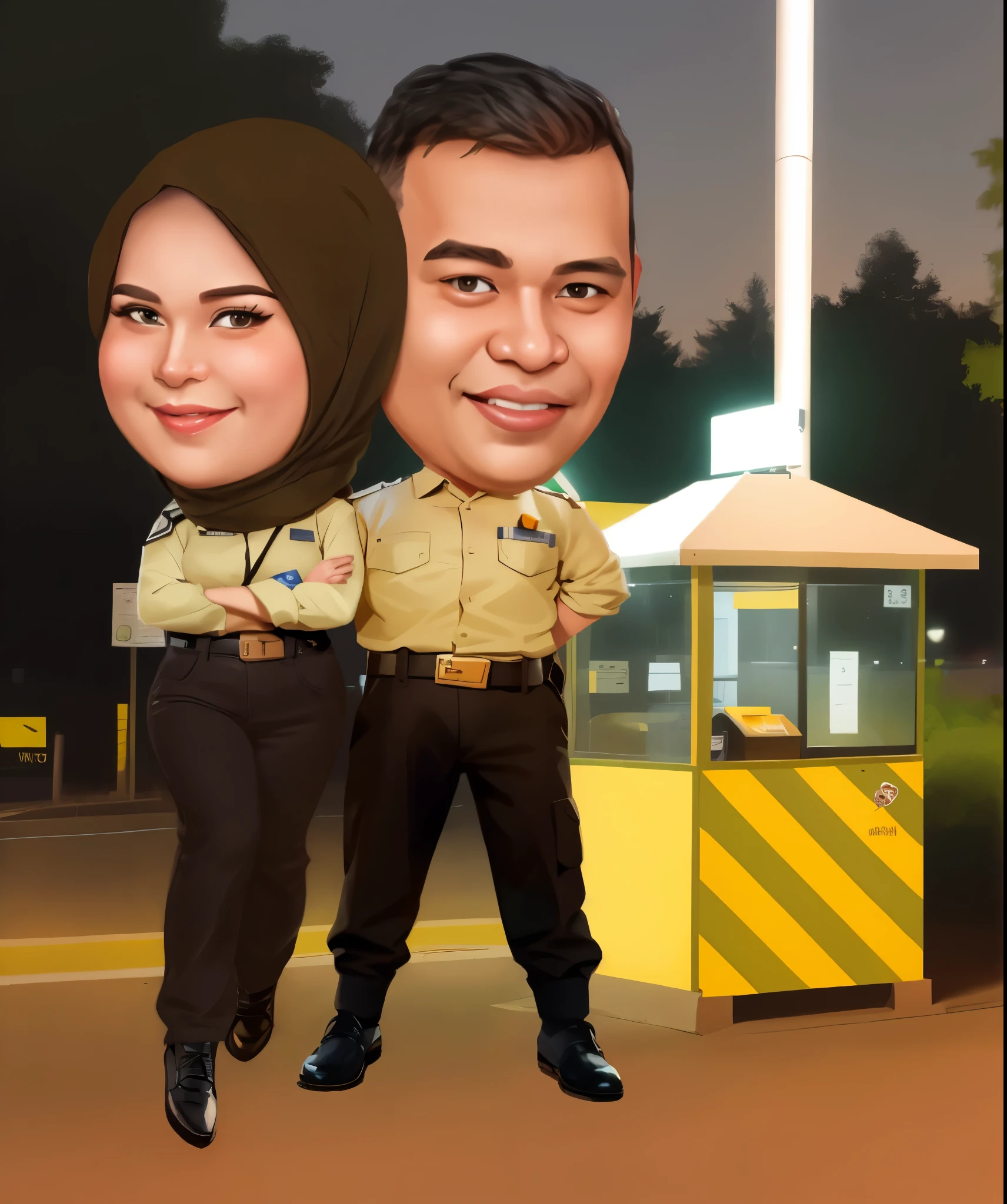 cartoon of a couple in uniform standing next to a booth, The girl's trousers are dark brown, cartoon artstyle, caricature illustration, chibi, caricature, realistic cartoon, in cartoon style, digital art cartoon, caricature style, couple, happy couple, full protrait, wpol and sarasti, caricature!!!, couple pose, scandy and arender, charicature, cartoon digital art