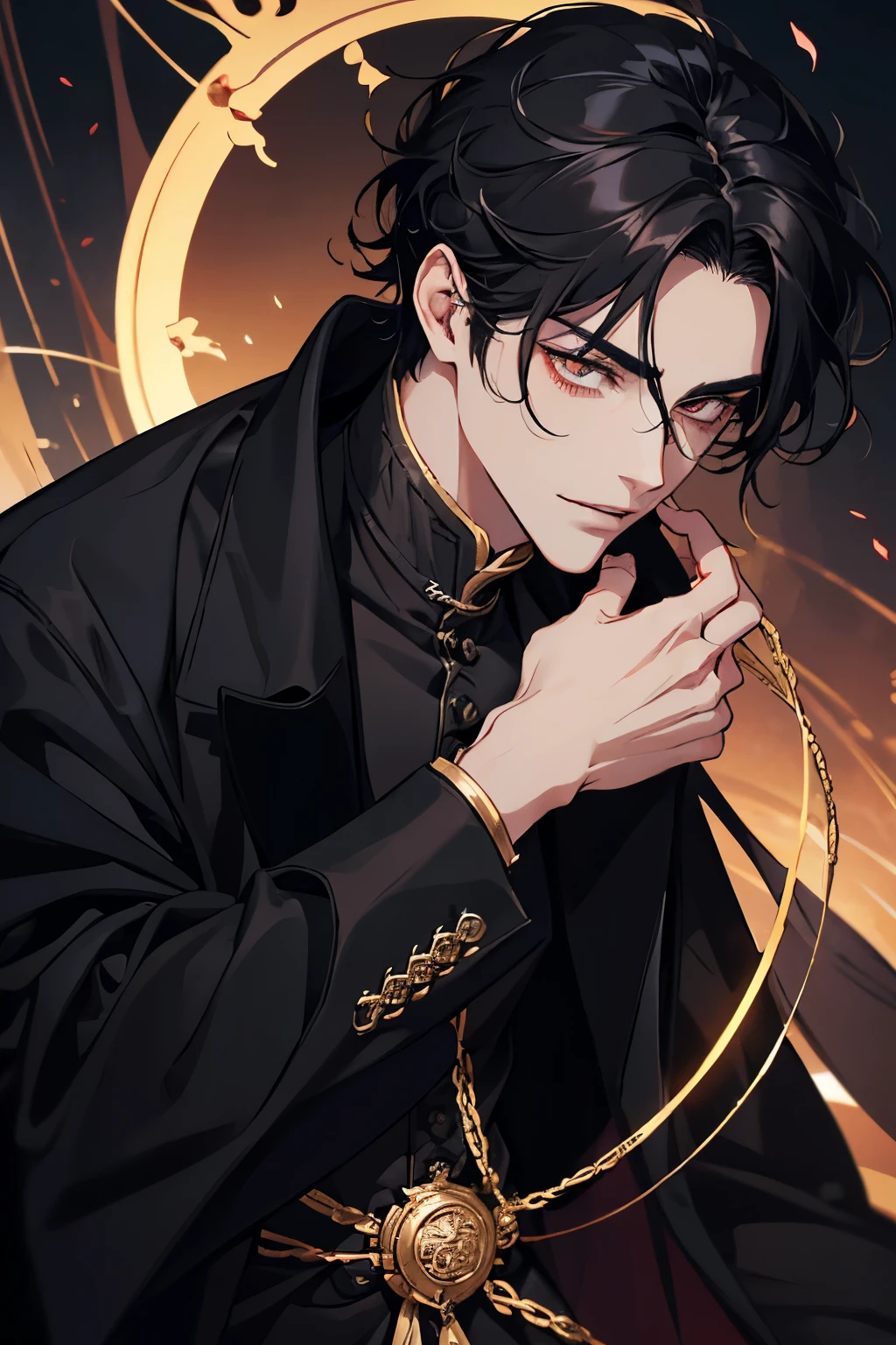 close up of a person in a black coat and black hair, full body xianxia, beautiful male god of death, vampire fashion, wearing a black noble suit, detailed anime character art, male vampire of clan banu haqim, full body black and black longcoat, with his short black hair, curly hair, androgynous vampire, detailed 20 year old male face, ultra realistic anime, golden eyes no emotions, INTJ, intelligent, gold, golden, smile