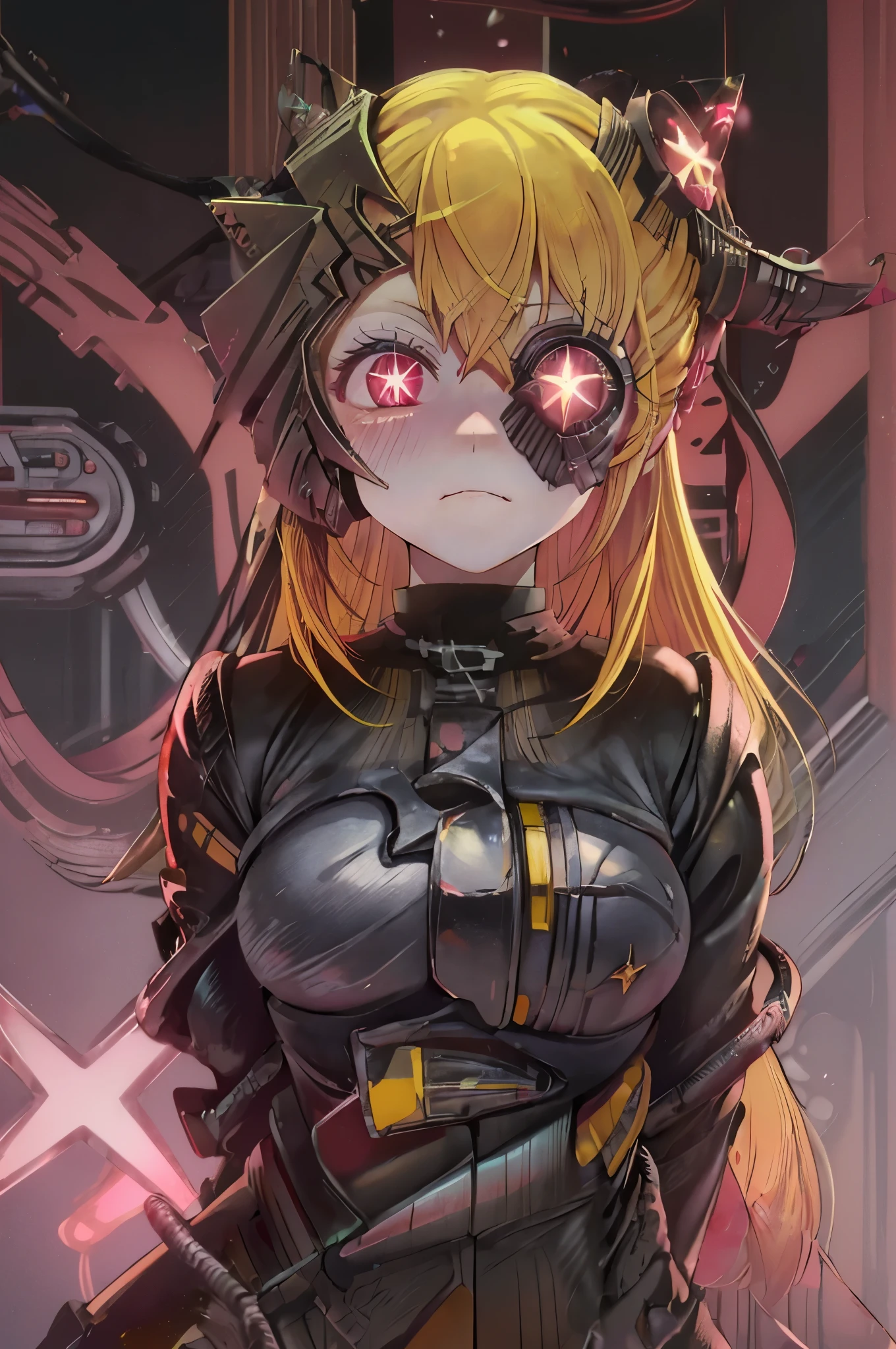 ruby hoshino, (yellow hair:1.5), long hair, one side up, (pink eyes:1.5), sidelocks, (star-shaped pupils:1.5), (symbol-shaped pupils:1.5), (mismatched pupils:1.5), borg cyborg bald gray skin veins metal armor cable eyepatch deadpan expression