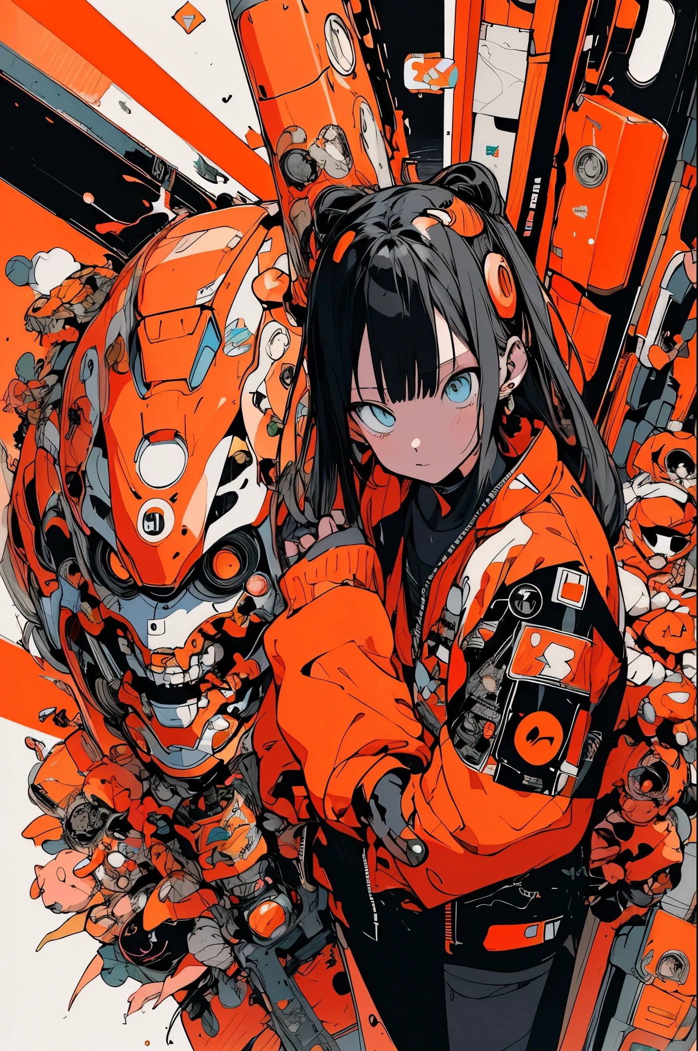 Anime girl with orange and white jacket and black jacket surrounded by stickers, Anime Mecha Aesthetics, anime style 4 k, anime graphic illustration, mecha asthetic, anime robotic mixed with organic, digital anime illustration, anime style illustration, Cute art style, Anime Illustration, Anime Manga Robot!! Anime Girl, anime style artwork, Digital Cyberpunk Anime Art, fully robotic!! girl
