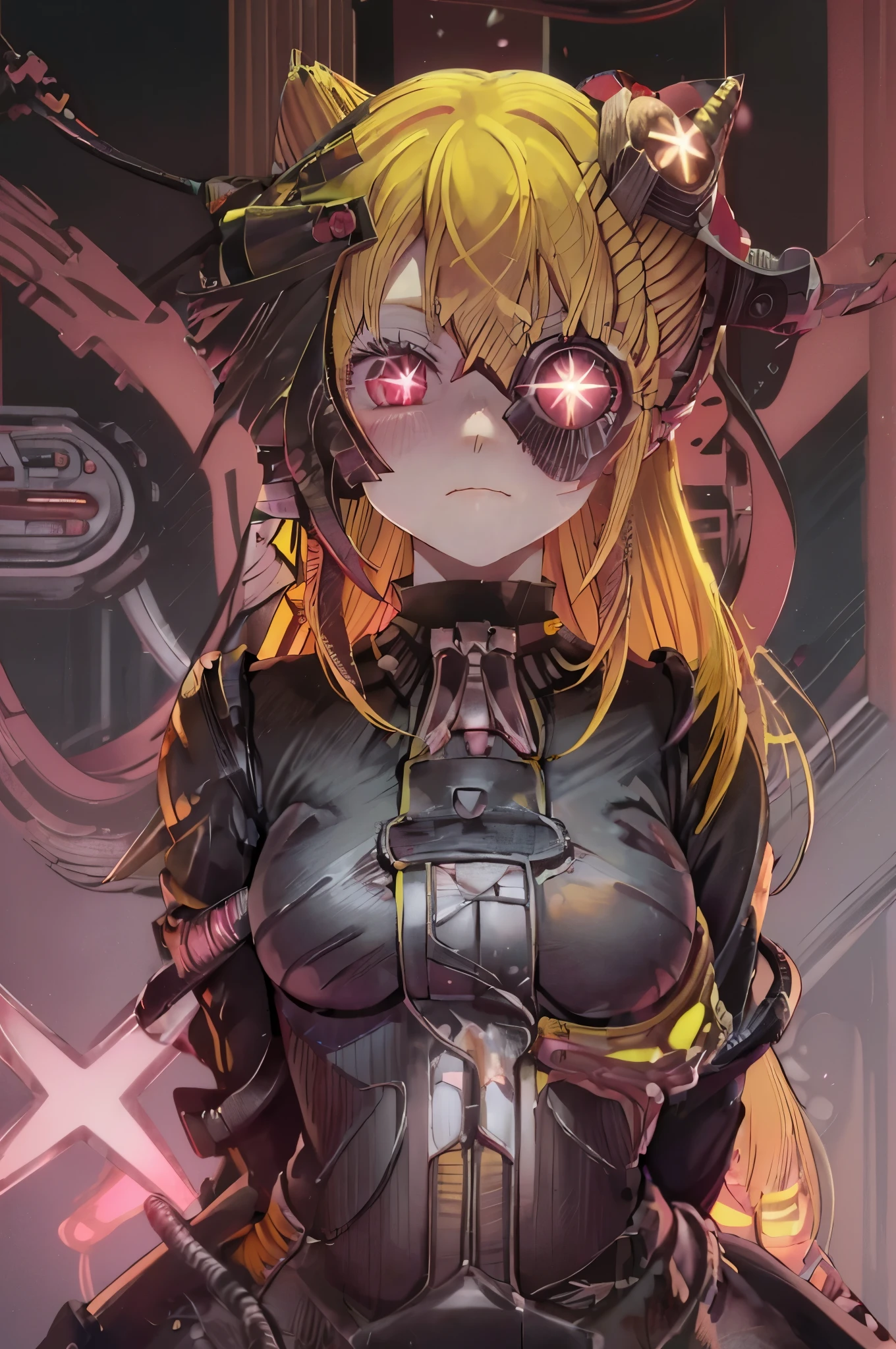 ruby hoshino, (yellow hair:1.5), long hair, one side up, (pink eyes:1.5), sidelocks, (star-shaped pupils:1.5), (symbol-shaped pupils:1.5), (mismatched pupils:1.5), borg cyborg bald gray skin veins metal armor cable eyepatch deadpan expression