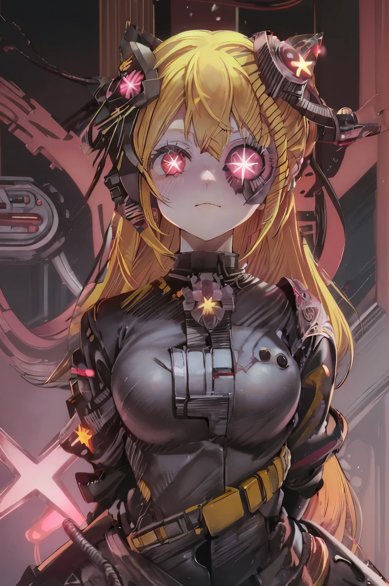 ruby hoshino, (yellow hair:1.5), long hair, one side up, (pink eyes:1.5), sidelocks, (star-shaped pupils:1.5), (symbol-shaped pupils:1.5), (mismatched pupils:1.5), borg cyborg bald gray skin veins metal armor cable eyepatch deadpan expression