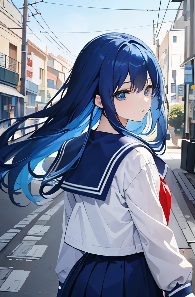 ８K, highest quality, masterpiece, super detailed、bright blue hair、medium long hair、full lips、blue eyes、歩いてるback view、back view、school uniform、Commuting to school、street tree、sailor suit、sidewalk