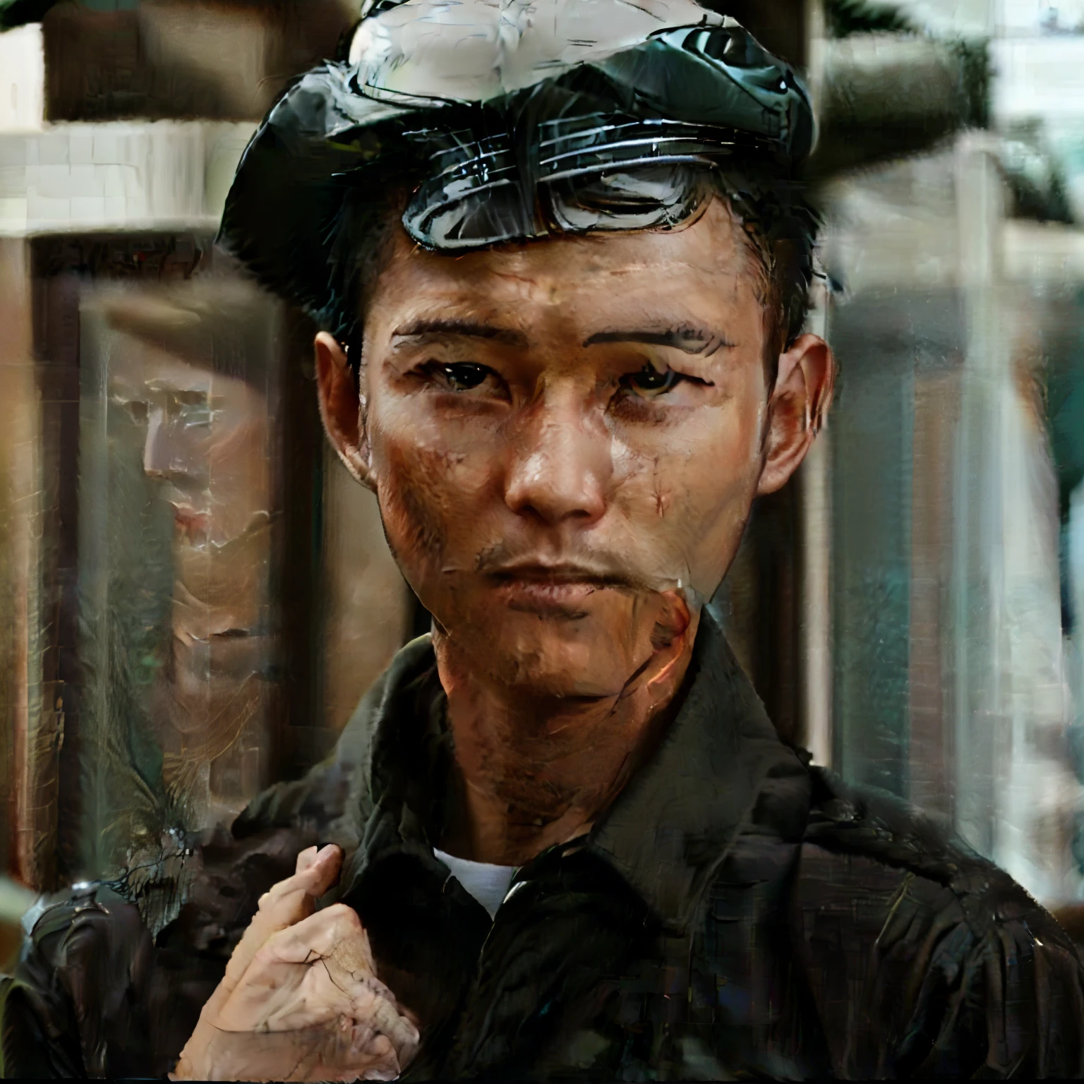 Photo of a man in a uniform and hat, About 28 years old, A picture of sorrow, old picture, Very rare picture, Covering the farm, Vietnam War soldier, Green Shirt, Make it look like a person as much as possible