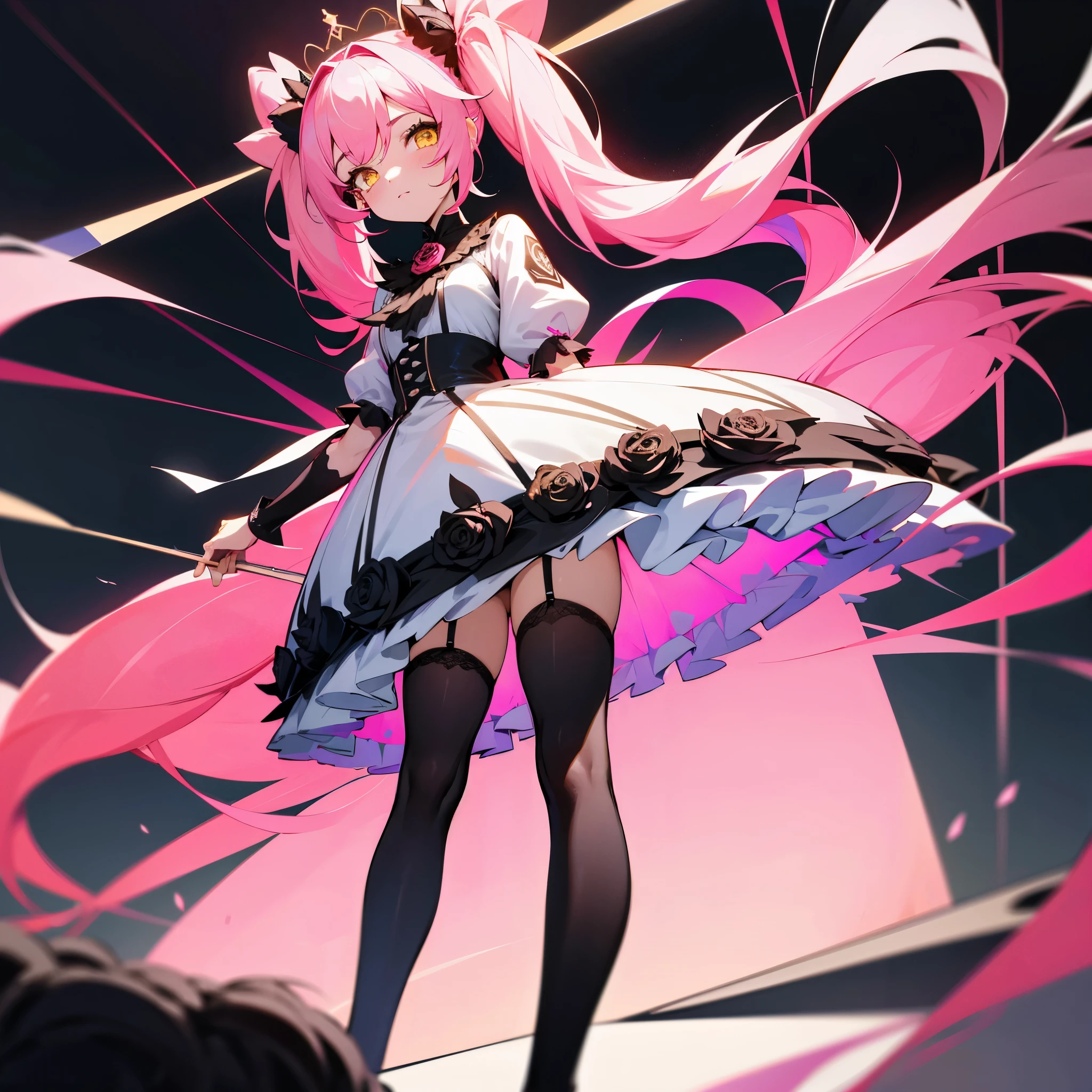 1 girl, #F93E58 twintails hairs, yellow eyes, rose dress, black and pink shoes, white stockings, looking at viewer, full length, absurdres, high res, ultrasharp, 8k, masterpiece