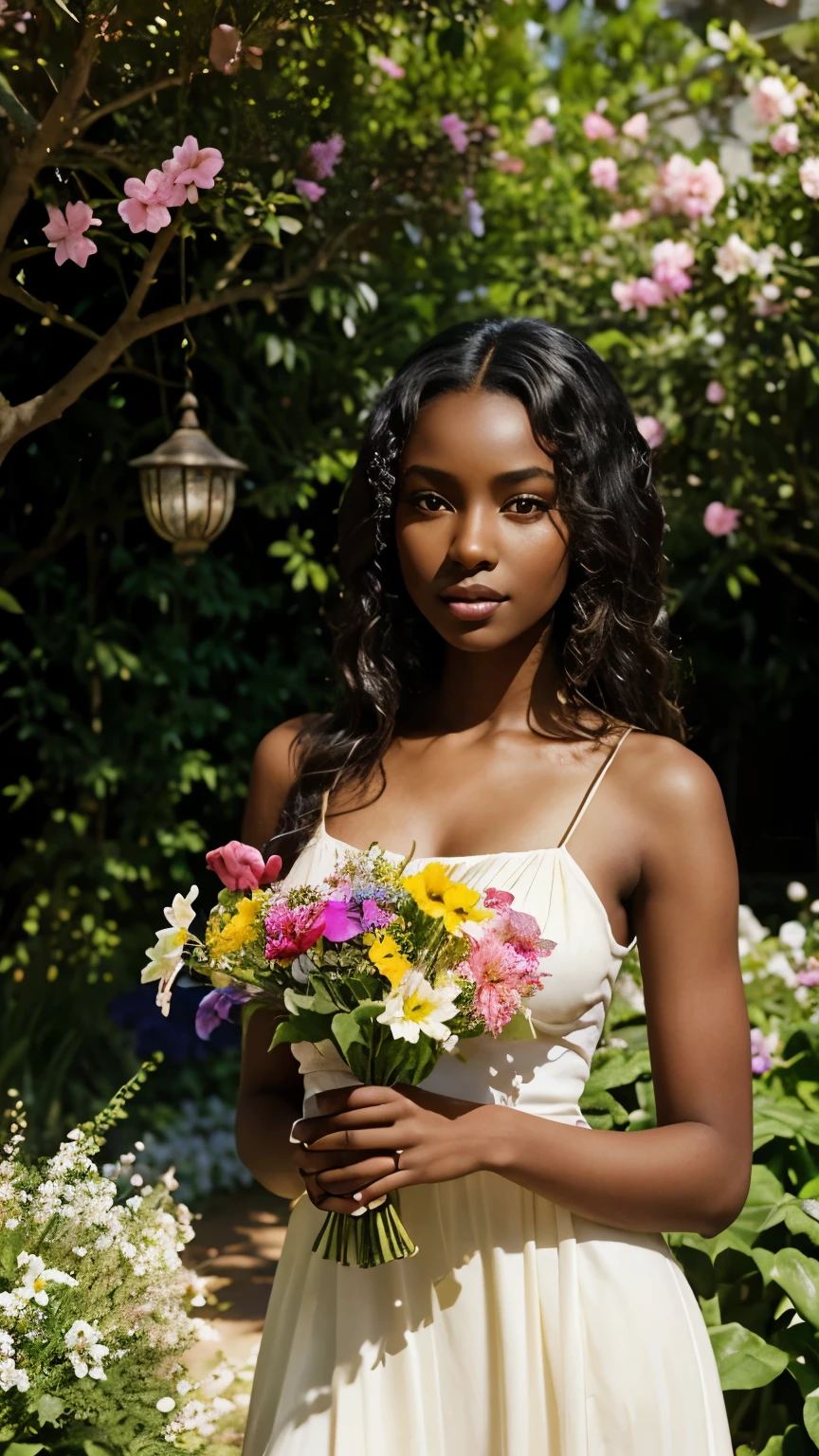 Girl in the garden, African, dark skin, fears, Cubism is an art period style,beautiful detailed eyes,beautiful detailed lips,extremely detailed eyes and face,long eyelashes,3D rendering,ultra detailed,sharp focus,A high resolution,physically based rendering,portraits,Bright colors,Studio lighting,hips,delicate color palette,Sun-drenched garden+magical atmosphere,Flowy summer dress,Graceful Posing,Holding a bouquet of bright flowers in hands,birds singing in the background