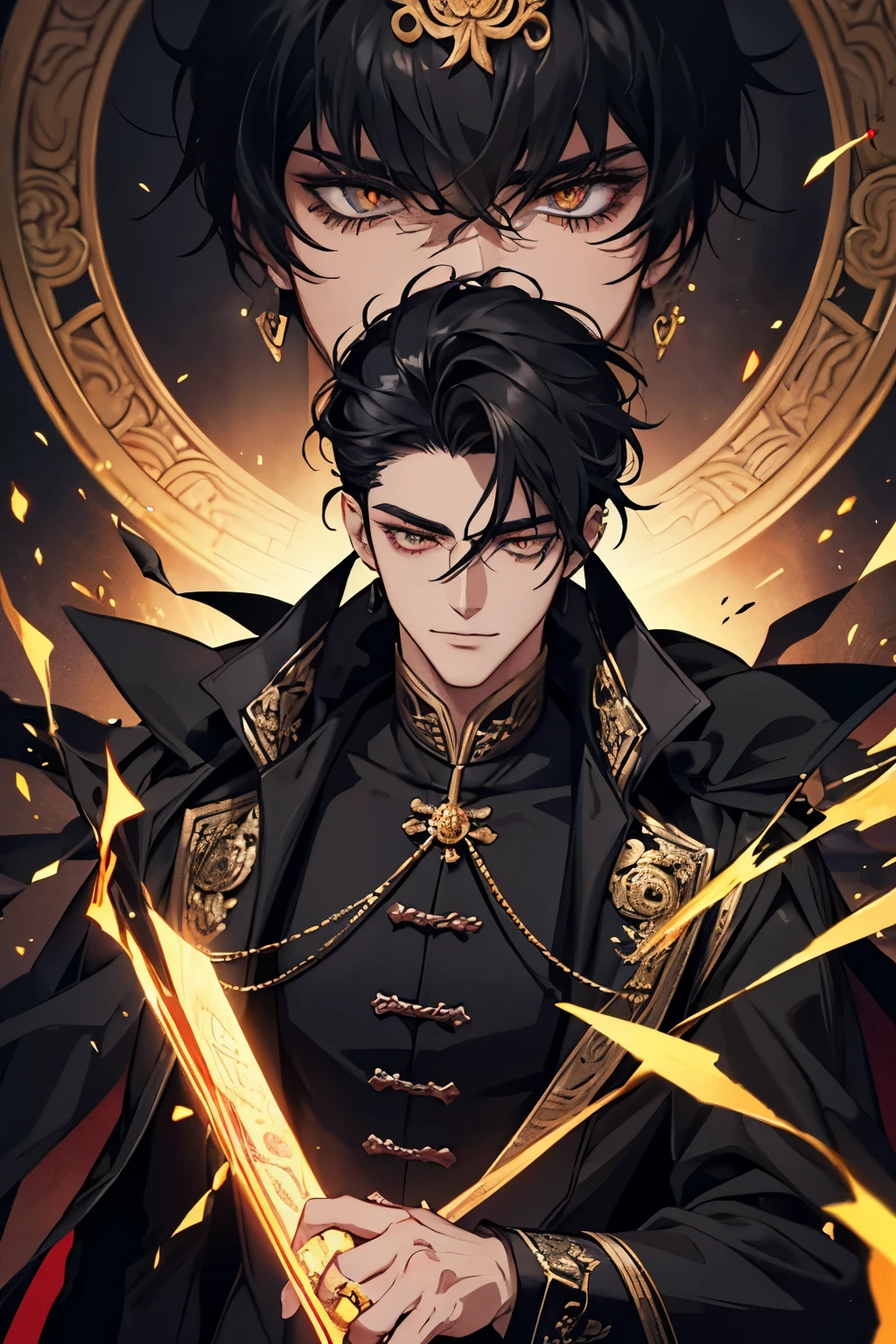 close up of a person in a black coat and black hair, full body xianxia, beautiful male god of death, vampire fashion, wearing a black noble suit, detailed anime character art, male vampire of clan banu haqim, full body black and black longcoat, with his short black hair, curly hair, androgynous vampire, detailed 20 year old male face, ultra realistic anime, golden eyes no emotions, INTJ, intelligent, gold, golden, smile, grin