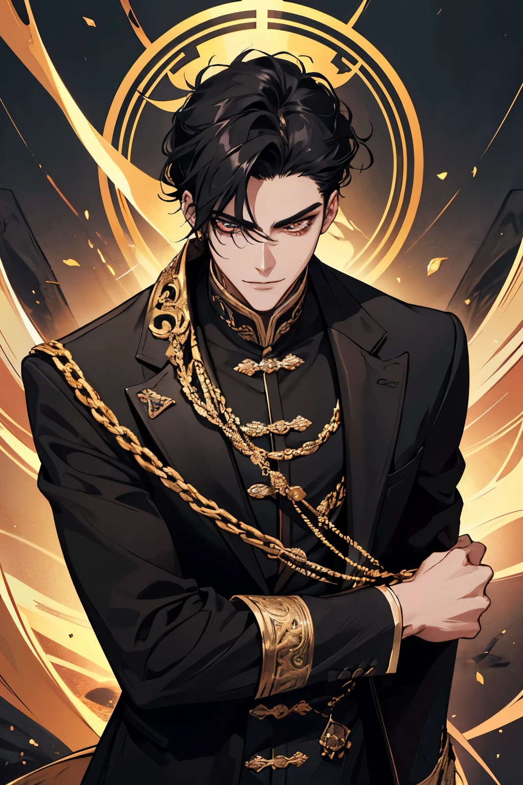 close up of a person in a black coat and black hair, full body xianxia, beautiful male god of death, vampire fashion, wearing a black noble suit, detailed anime character art, male vampire of clan banu haqim, full body black and black longcoat, with his short black hair, curly hair, androgynous vampire, detailed 20 year old male face, ultra realistic anime, golden eyes no emotions, INTJ, intelligent, gold, golden, smile, grin