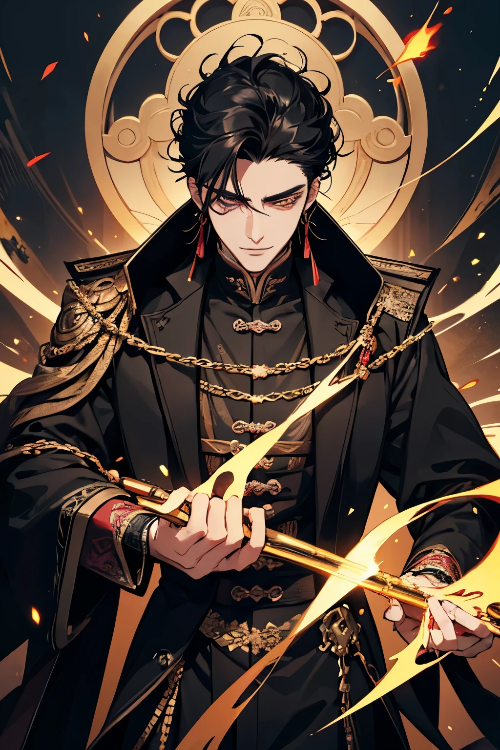close up of a person in a black coat and black hair, full body xianxia, beautiful male god of death, vampire fashion, wearing a black noble suit, detailed anime character art, male vampire of clan banu haqim, full body black and black longcoat, with his short black hair, curly hair, androgynous vampire, detailed 20 year old male face, ultra realistic anime, golden eyes no emotions, INTJ, intelligent, gold, golden, smile, grin