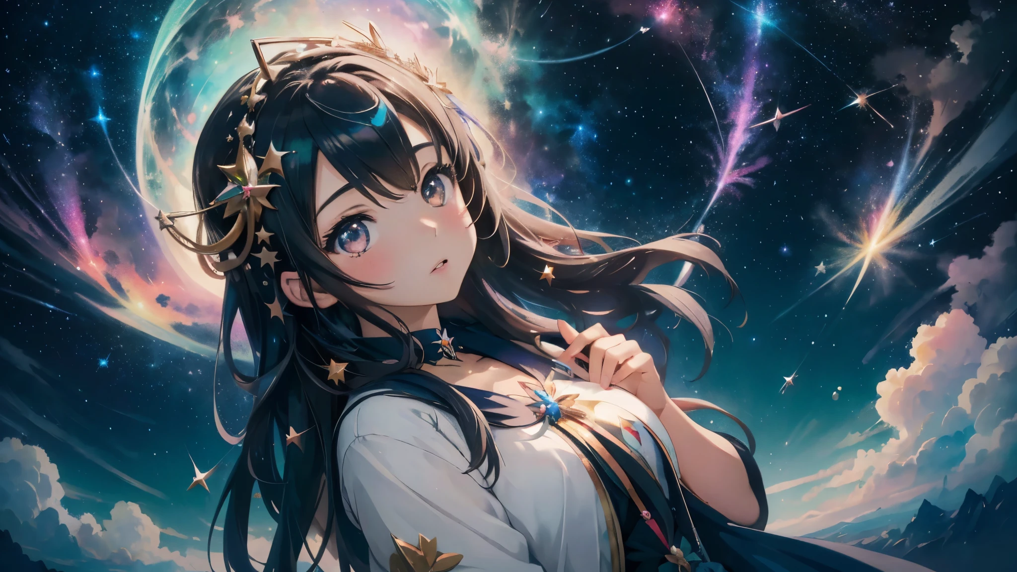 Centrarse en la persona. We create and express the best luminous composition of the person.. ((Obra maestra)), (((of the highest quality)))), ((ultra detalle)), (ultra realista), (Ilustraciones CG muy detalladauy delicado y hermoso), Girls as masterpieces, of the highest quality, piel realista, telas realistas, Realistic girl-centric illustrations with highly detailed, realistic eyes in the center front. Esta es la regla absoluta, y la siguiente frase expresa la calidad de la imagen.. Es la mayor obra maestra en la historia de la clase de Inuitsuki Ichigo., in which the owner of the greatest pictorial talent in the history of humanity experienced incomparable beauty and risked his life to represent the most beautiful figure. Crea impresionantes obras de arte de anime que actualmente son tendencia en seaStation, displaying exquisite beauty and captivating aesthetics. Imagina una escena en la que una chica de secundaria japonesa, con rostro juvenil y ojos claros, is lying on a grassy hill under a starry sky in the world of "La princesa Mononoke". La hierba susurra suavemente con el viento., el sonido de la naturaleza proporcionando una banda sonora relajante. Su cuerpo dinamita y su piel de textura fina brillan bajo la luz de la luna.. Su ropa y accesorios., representado de manera realista, change according to fabric material. Las estrellas brillan en el cielo, Adding a touch of realism to the scene. Esta imagen captura un momento milagroso en su vida mientras vive valientemente en este mundo diferente.. La imagen debe ser hiperrealista., muy detallado, and in high resolution 16k. Use a Sony Alpha 1 mirrorless camera with a Sony FE 24-105mm f/Lente 4G OSS. Establezca la sensibilidad ISO en 32,000 and shutter speed at 1/125 segundos. The image must be framed in such a way that the girl is in the center., con el vasto cielo estrellado arriba y las colinas de "La princesa Mononoke" en el fondo.