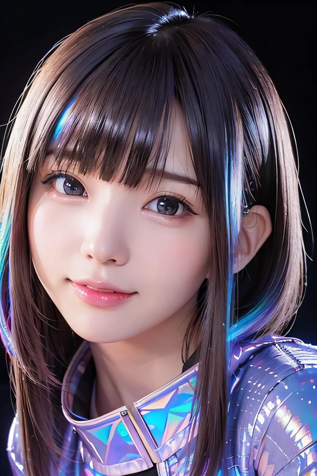 (masterpiece, highest quality, Super detailed, detailed face, 8k)、smile、one girl,, , ((( Iridescent opaque jacket:1.3, , holographic:1.23))), , extremely fine transparency, (symmetrical eyes:1.3), , , , , ,, parted bangs, , , (Eye and face details:1.0), , slim、flat body、cute、、small breasts、jet black background、(close up head shot:1.23)