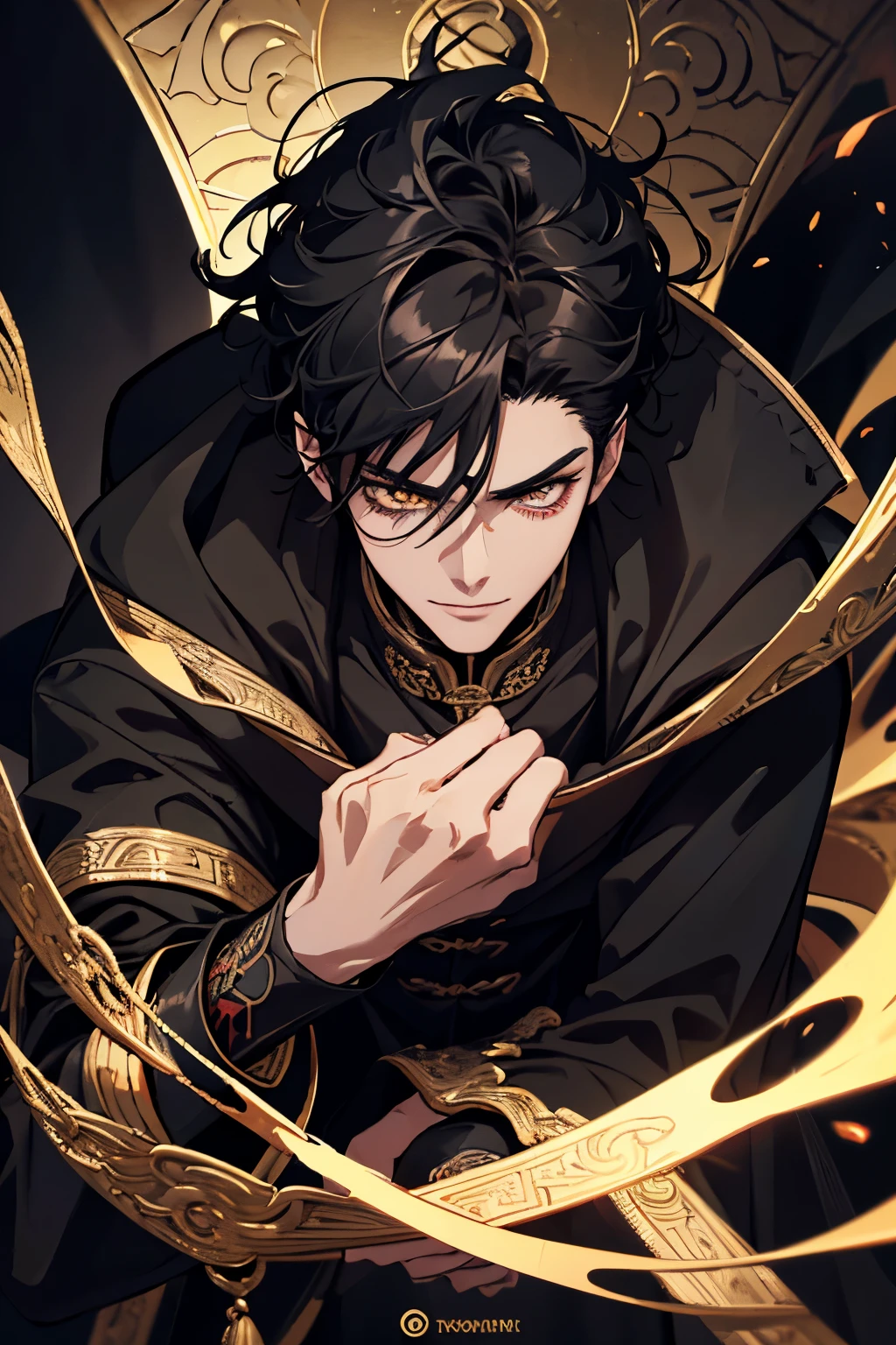 close up of a person in a black coat and black hair, full body xianxia, beautiful male god of death, vampire fashion, wearing a black noble suit, detailed anime character art, male vampire of clan banu haqim, full body black and black longcoat, with his short black hair, curly hair, androgynous vampire, detailed 20 year old male face, ultra realistic anime, golden eyes no emotions, INTJ, intelligent, gold, golden, smile, grin