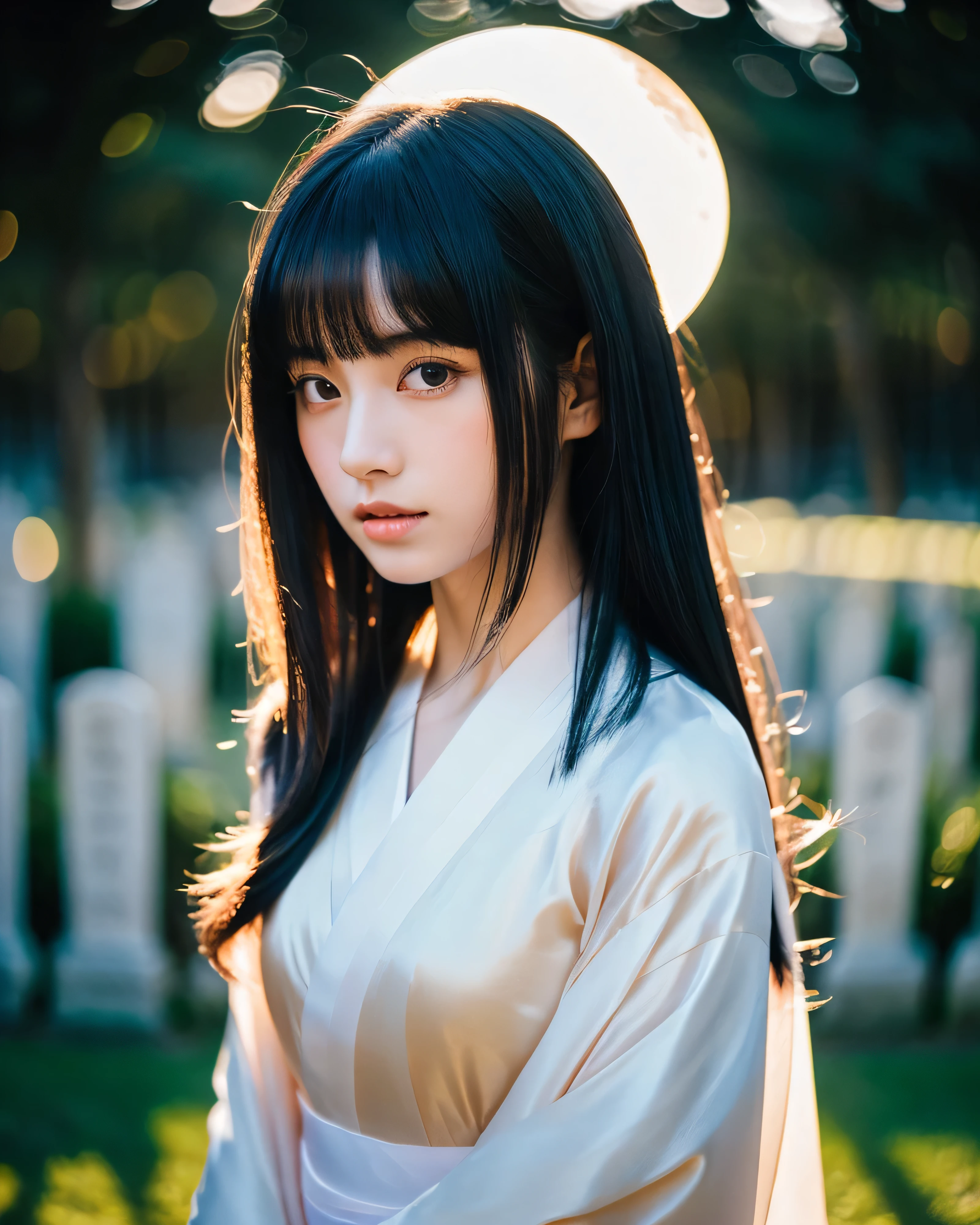 (highest quality, 8k, High resolution, masterpiece:1.2), beautiful japanese girl, (whole body:1.3), (intricately shining black hair:1.3, Super Long Straight Silk Hair, asymmetrical bangs:1.3), big magic eyes, High resolutionの黒い瞳, white and smooth skin, (white simple kimono, kimono, early morning, dark cemetery in japan, huge full moon, moonlight, professional lighting, professional photographer